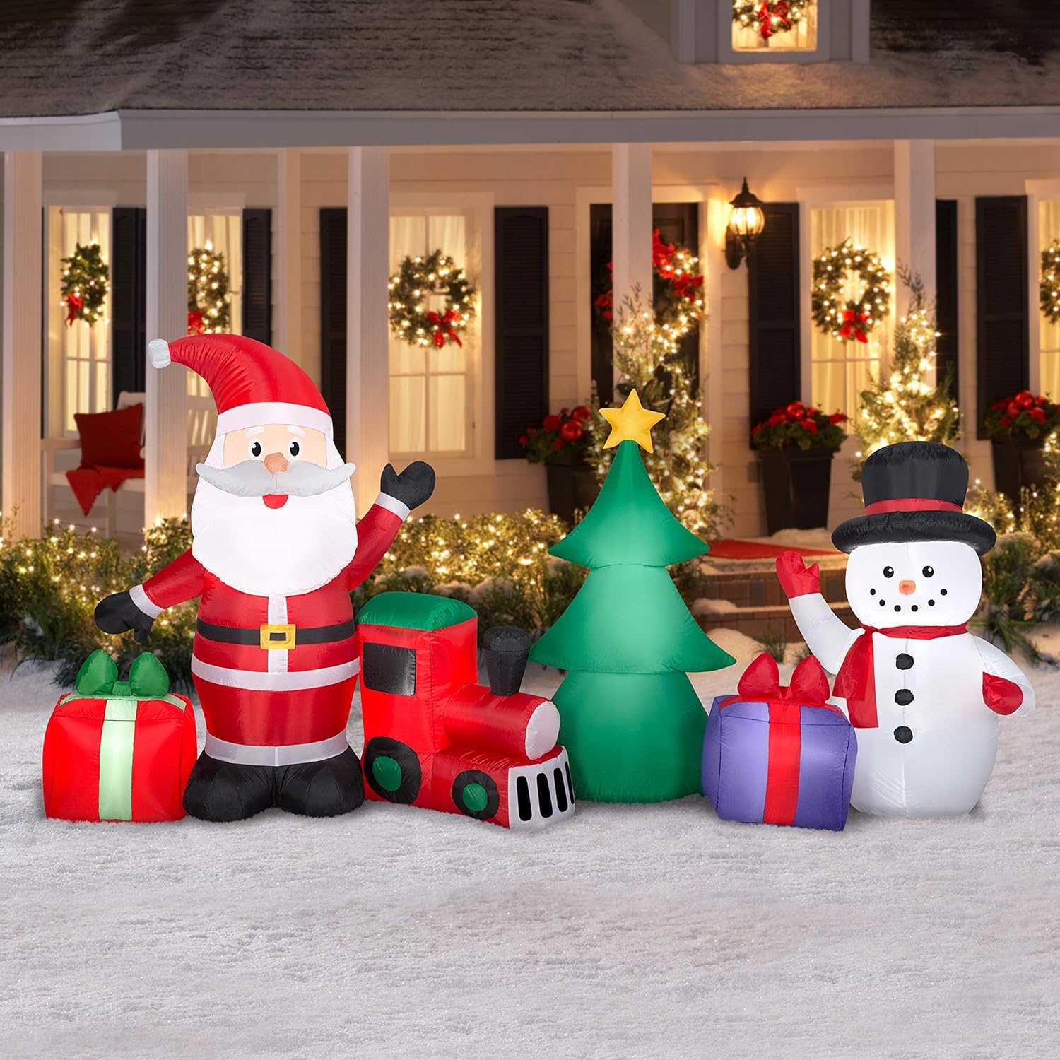 Gemmy 9ft Wide Christmas Collection Scene - with Santa, Snowman, Christmas Tree