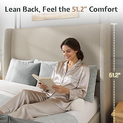 Miniatura 4 de Jocisland Base de cama tamaño Queen de 51.2 pulgadas de alto, tapizada, con cabecero con respaldo de ala, no necesita somier, fácil montaje, color