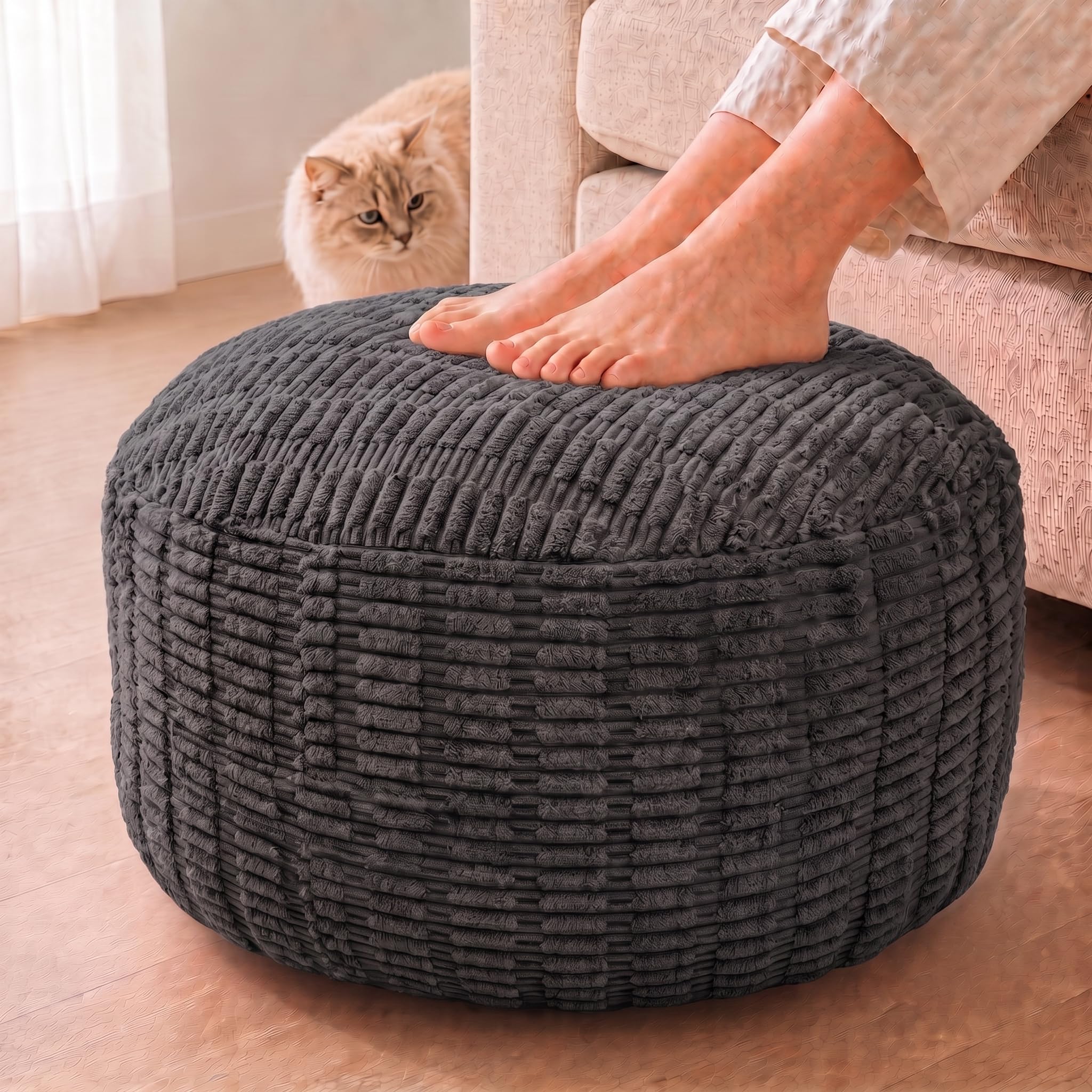 Round Pouf Ottoman, Charcoal Gray, 28"x14", Corduroy Foot Rest