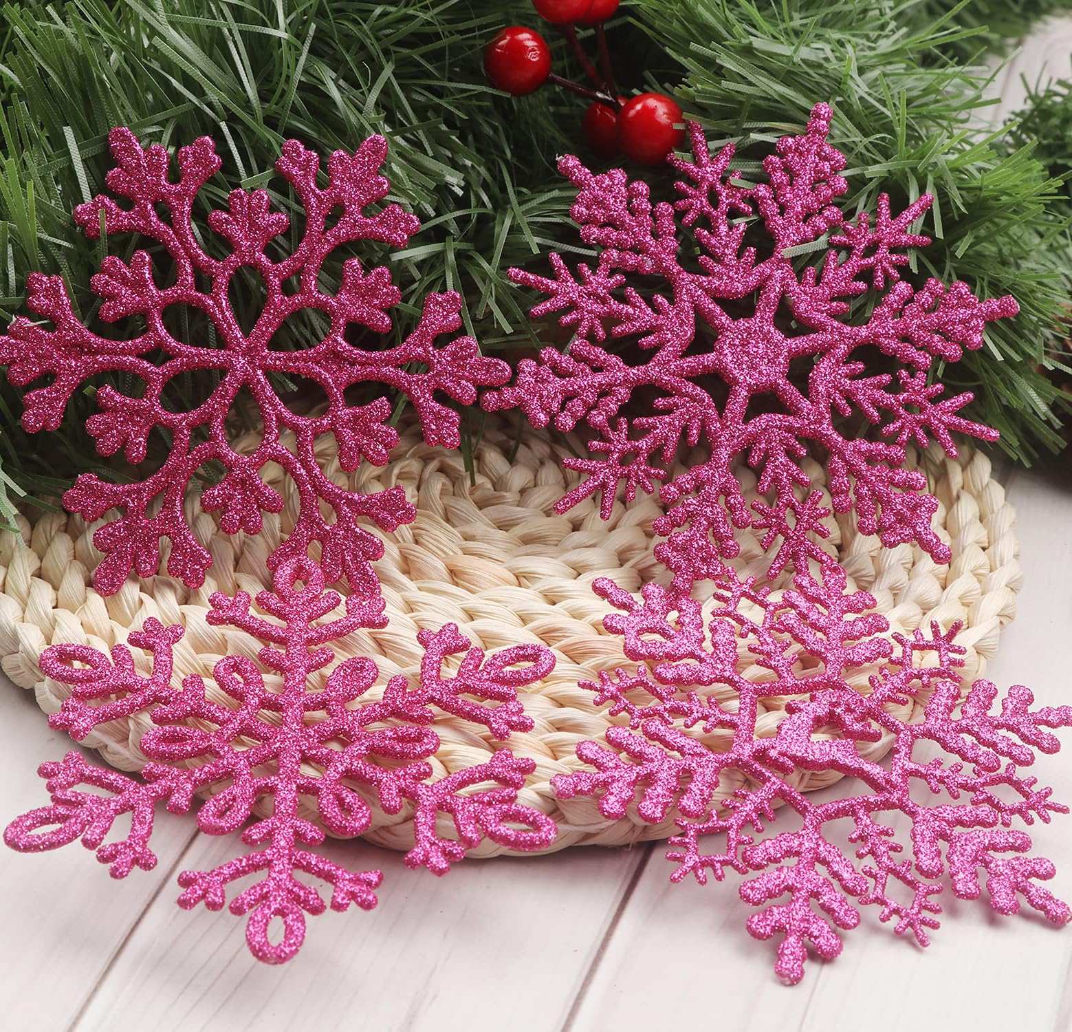 YYCRAFT 32pcs Glitter Snowflake Ornament 4 Inch for Christmas Tree Decoration-Hot Pink - Image 3
