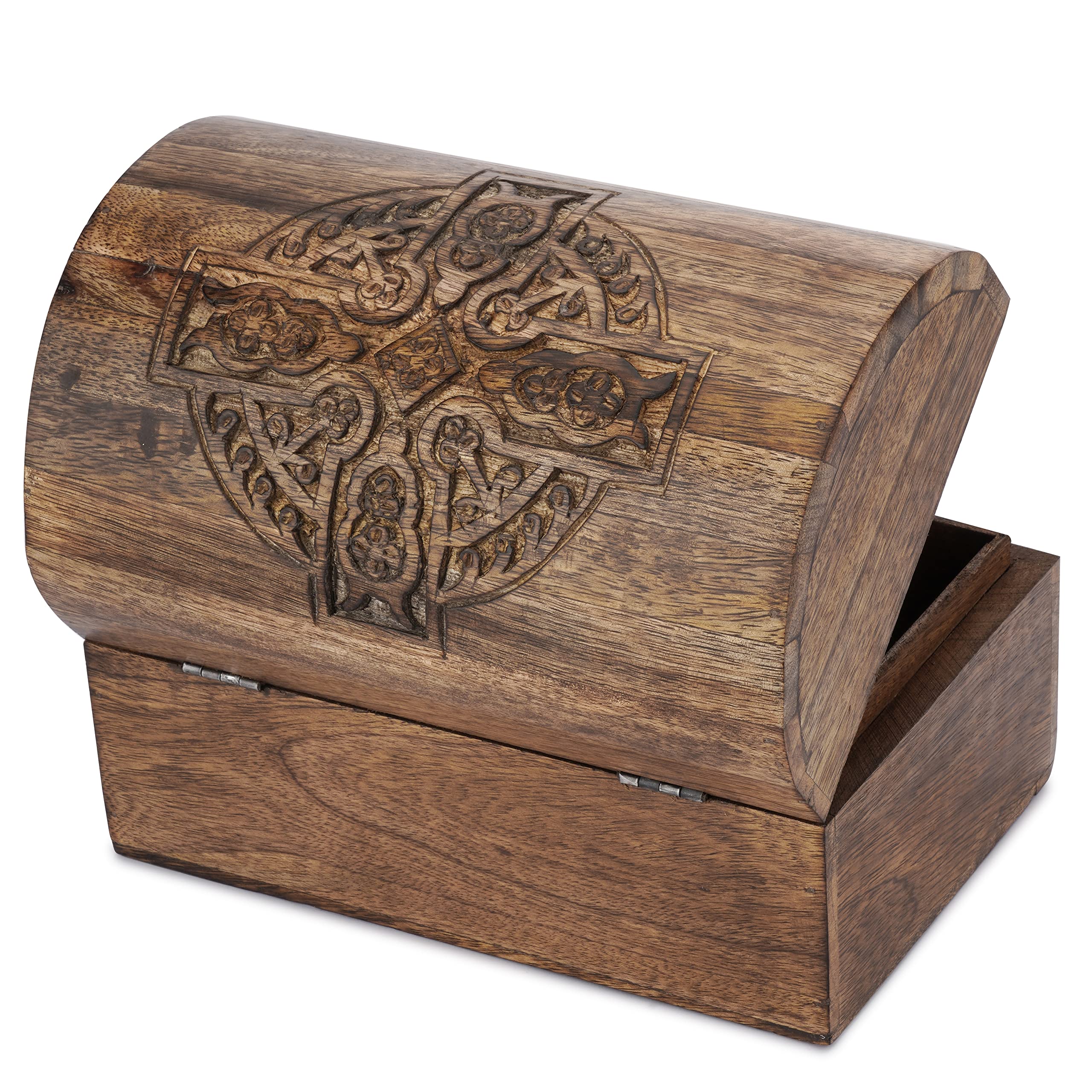 Ajuny Wooden Pirate Treasure Chest Jewellery Box 9 x 6 Inch, Handmade Mango Wood Cross Carving Vintage Keepsake Box, Decorative Trinket Storage Organiser Gift