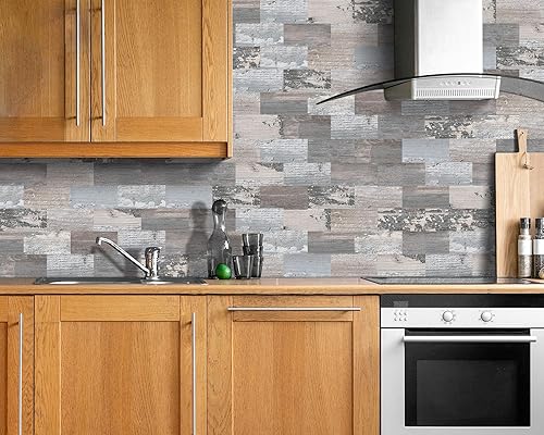 Miniatura 2 de DEWOO 20 hojas de azulejos de pared autoadhesivos estilo rustico para despegar y pegar para cocina estilo granja, aspecto de madera sintética (34.3