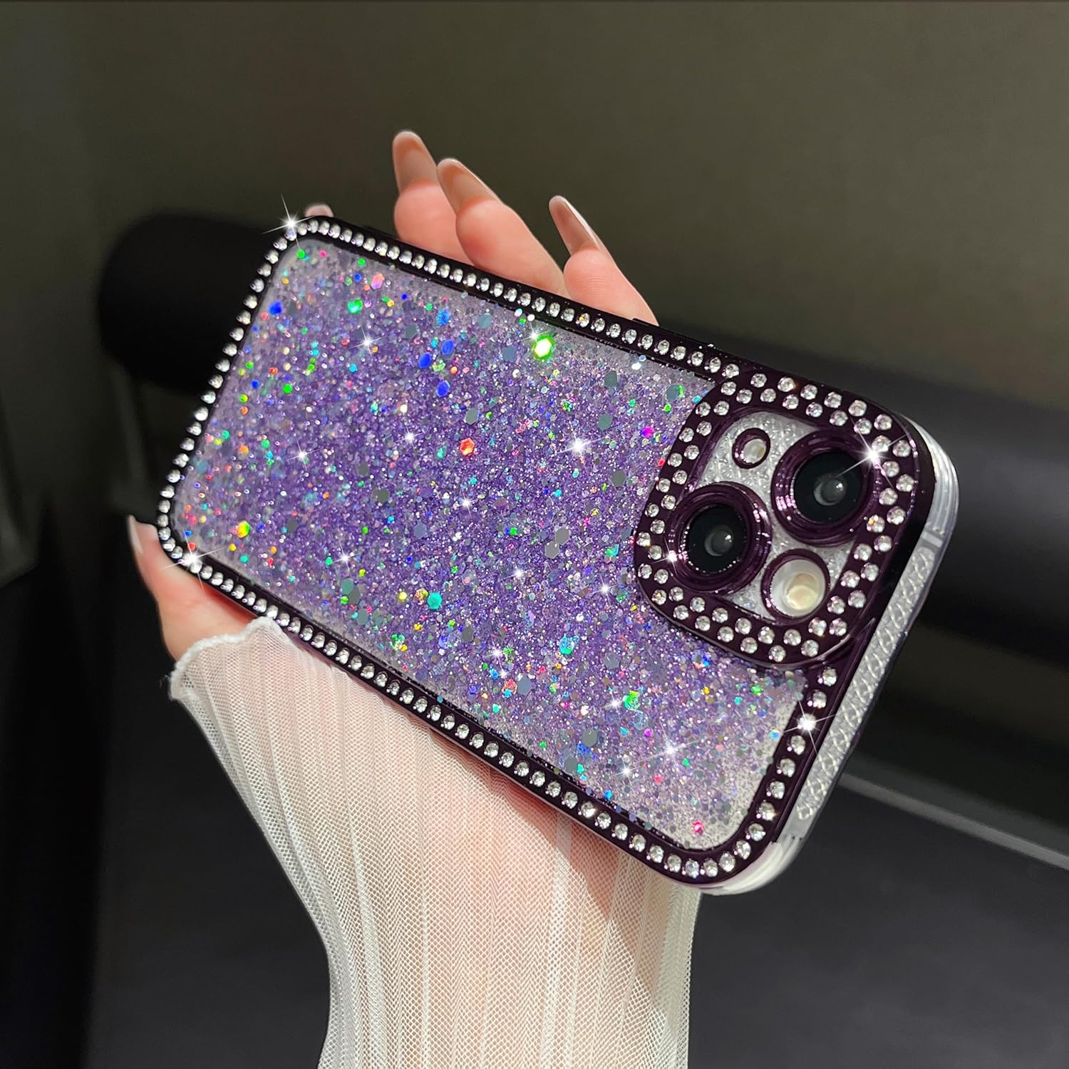 FABSPARK Case for iPhone 16 Pro,Glitter Crystal Diamond Rhinestones Sequin Shiny Bling Sparkly Glossy Luxury Electroplated Case,Aesthetic Cute Full Protection for iPhone 16 Pro,Purple - Image 9