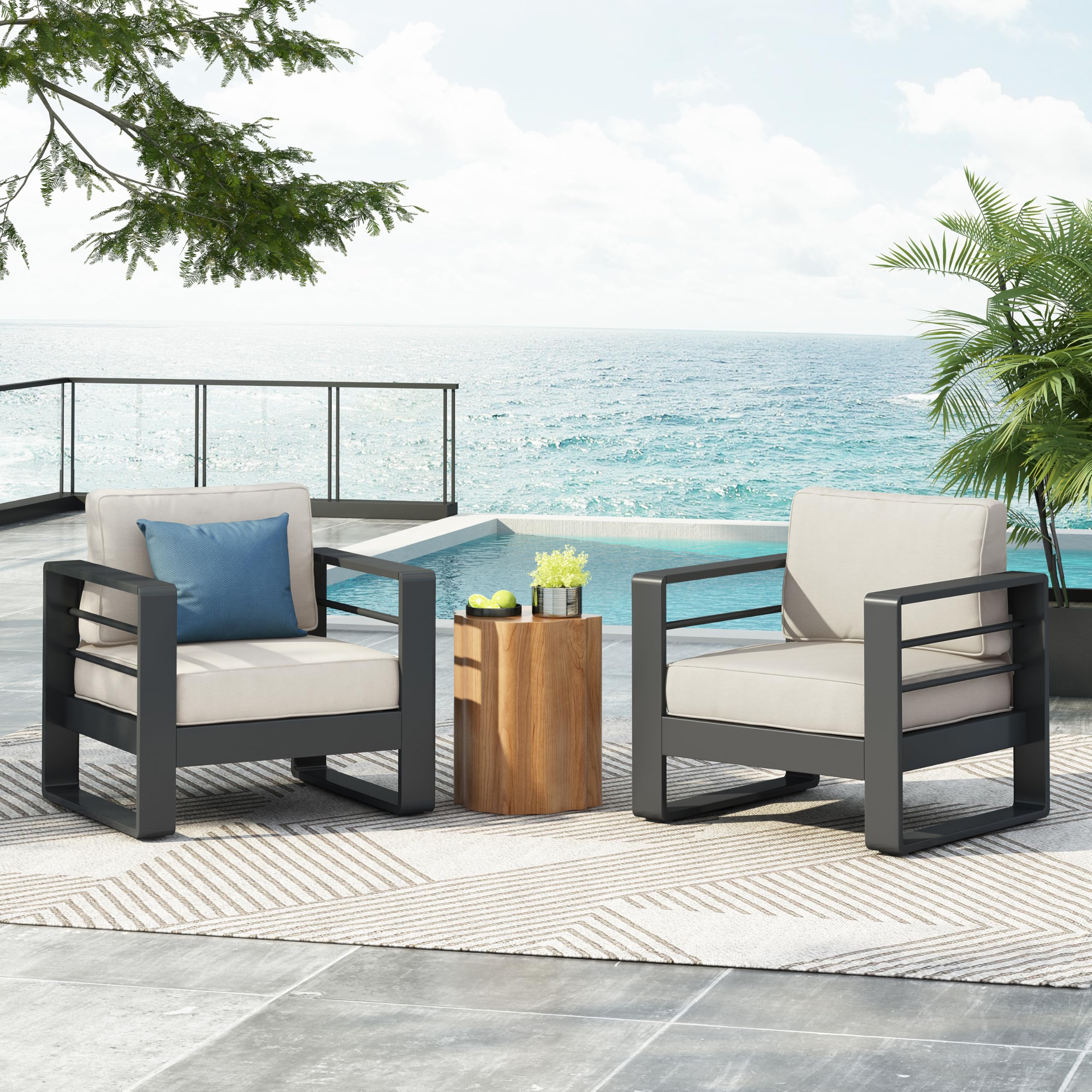 Christopher Knight Home Dessa Patio Accent Chairs Set of 2, Aluminum Club Chair, Open Back Cushion Armchair, Stable Aluminum Frame, Comfort Seating