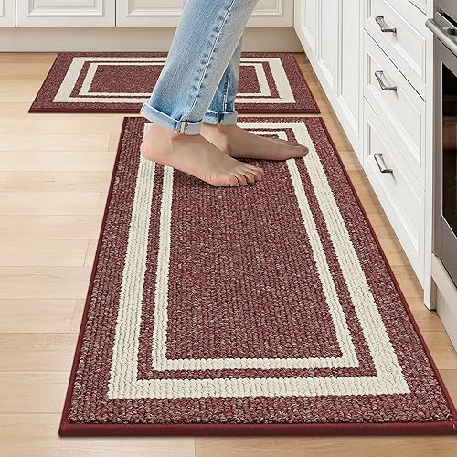 Miniatura 33 de COSY HOMEER Alfombras de cocina antideslizantes 20x30/20x48 pulgadas Tapete grueso de polipropileno para estar de pie en el hogar, lavable a Rojo