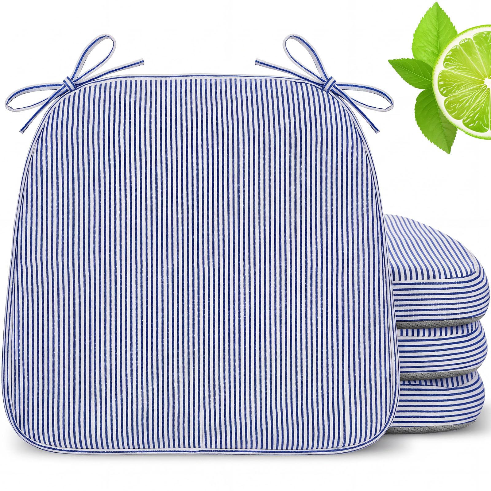 Photo 1 of Geetery 4 Pcs D-Shaped Chair Cushion for Dining 17"x16"x2" Thick Non-Slip Chair Pad with Ties and Removable Cover for Home Outdoor Patio Room Indoor Seat Cushion (Stripe,Blue)