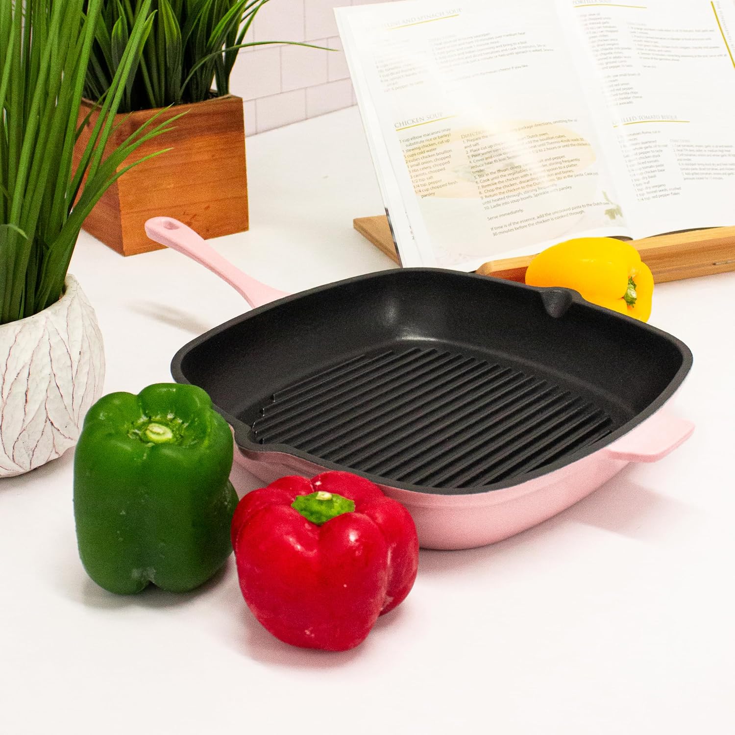 Berghoff 2Pc Neo Enameled Cast Iron Cookware Set, Grill Pan 11 Inches, Fry Pan 10 Inches, Oven Safe Up To 400°F, Pink