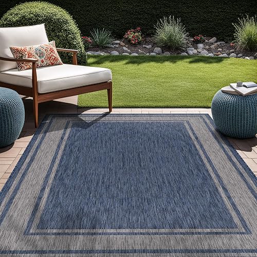 Beverly Rug 5x7 Modern Bordered Outdoor Area Rug (Navy)
