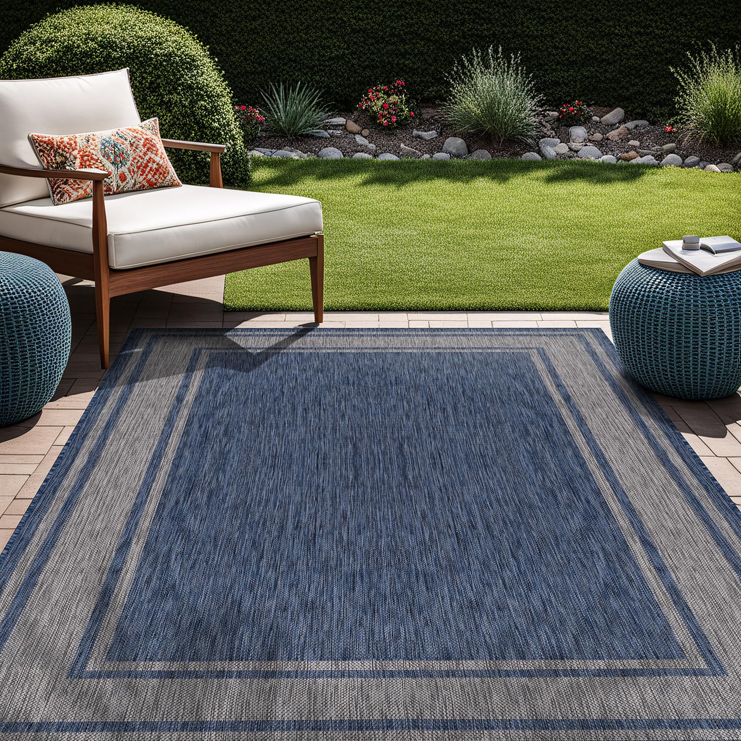 Beverly Rug Outdoor Rug 8x10 Modern Bordered Area Rugs for Indoor and Outdoor Patio Deck Porch Garden Waterproof Weather Sun Resistant Washable