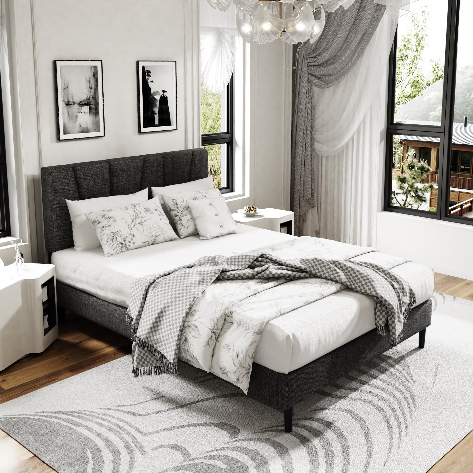 Sismplly Full Size Platform Bed Frame with Upholstered Headboard, Wooden Slats Support, Noise Free, No Box Spring Needed, Easy Assembly, Dark Grey,