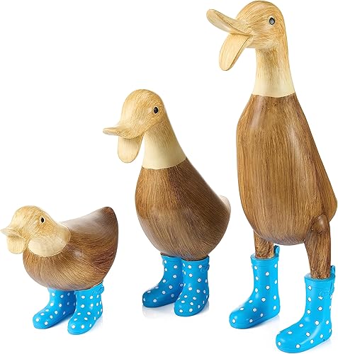 Decoración de pato para patio, patos de jardín con botas de agua con manchas azules, juego de 3 estatuas de decoración de jardín, estatua de figura