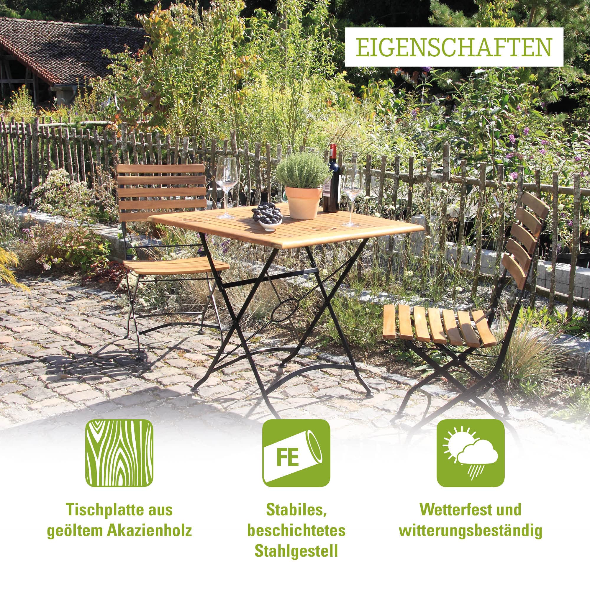acamp Gartentisch klappbar Lindau | Esstisch Terassentisch | Klapptisch 80x80x75 cm | Flacheisen und FSC®-zertifiziertes, geöltes Akazienholz | wetterfest