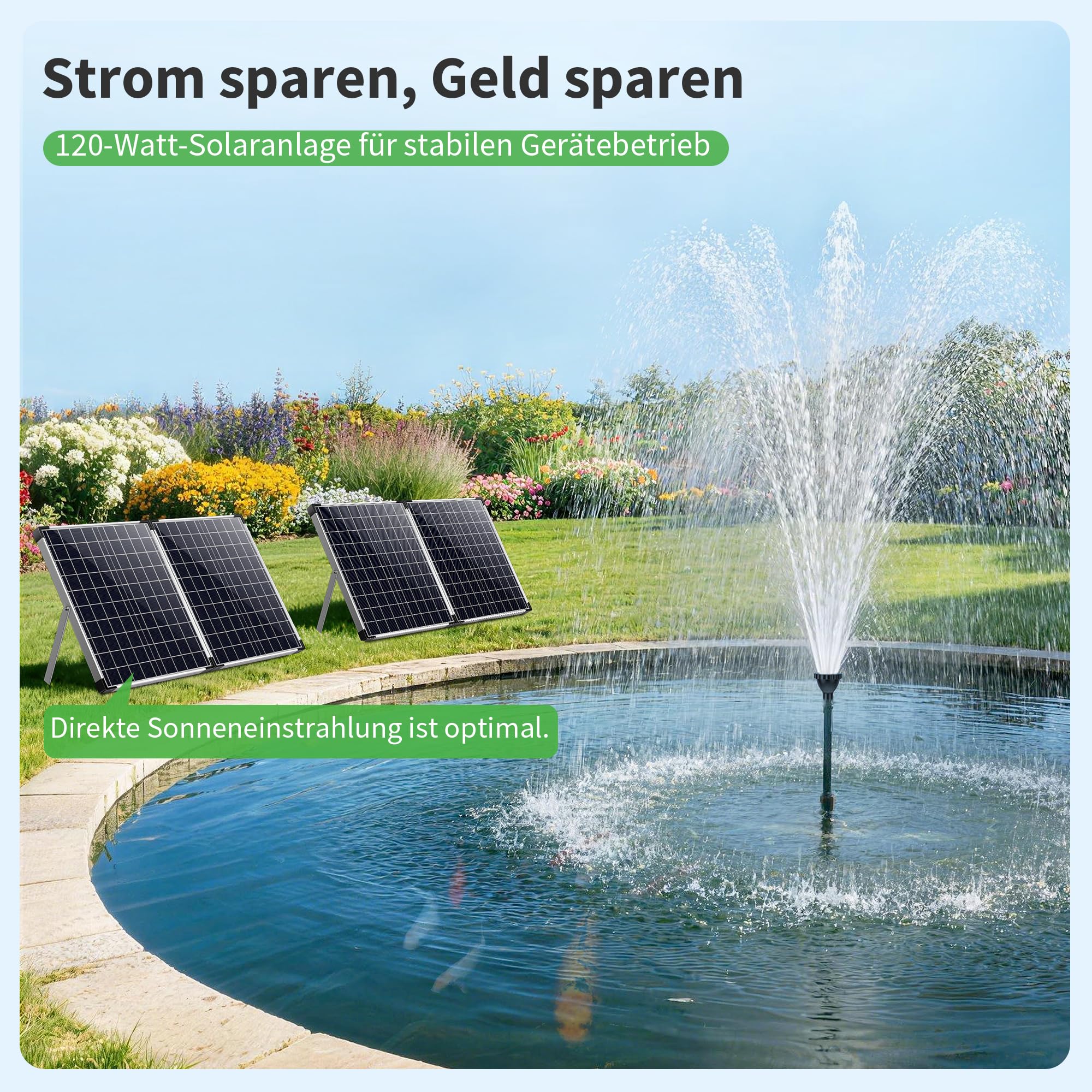 POPOSOAP Kit de Filtre Solaire pour Bassin et Pompe de Fontaine 120W, Pompe Submersible 6000L/h avec Filtration 4 Niveaux et 3 Buses pour Bassins Extérieurs, Aquariums, Cascades de Jardin