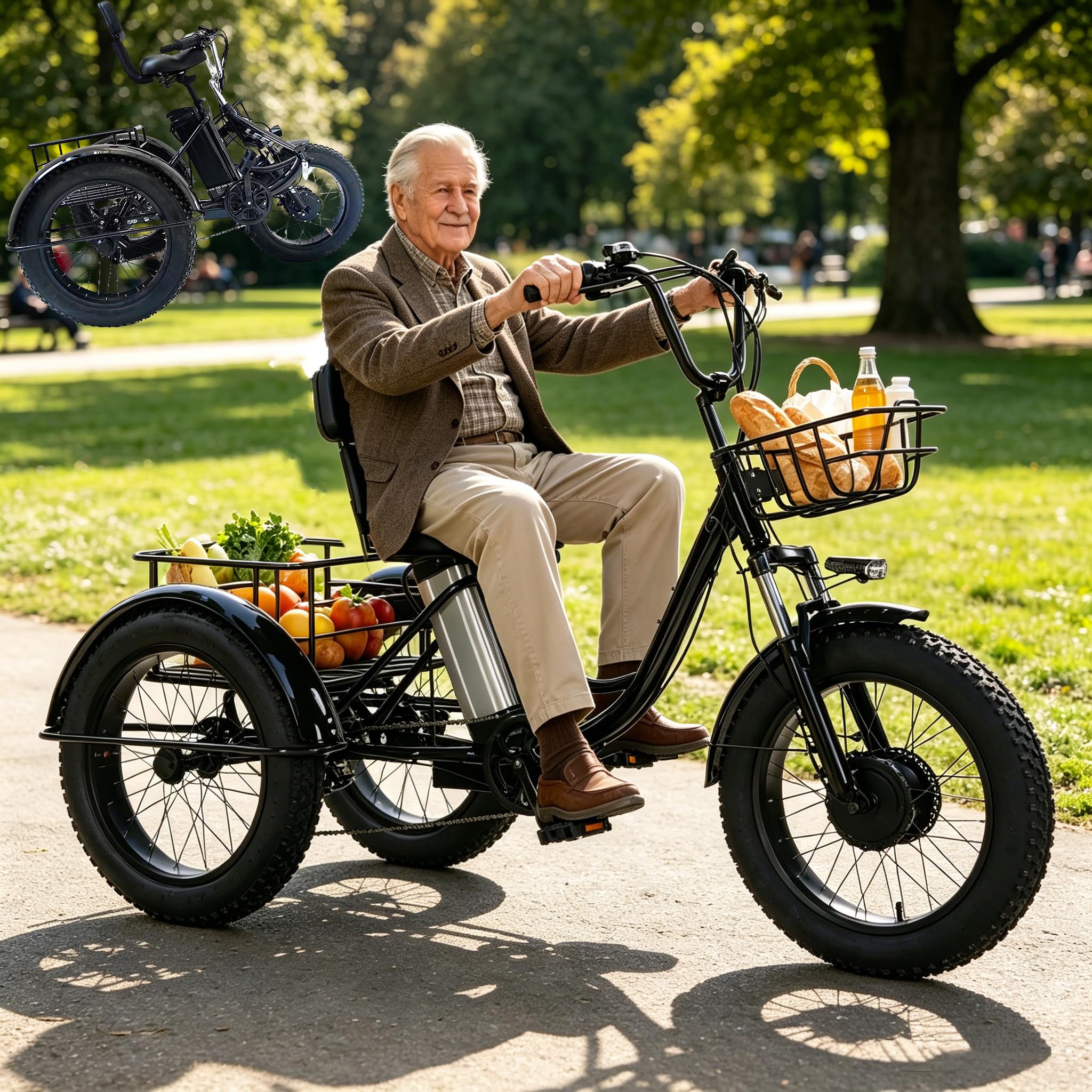 Triciclo Elettrico Pieghevole da 20" con Batteria Rimovibile da 48 V 13 Ah, Bici Elettrica Pieghevole a 7 velocità per Adulti, Autonomia 45 Km, Display LCD, per Shopping/Anziani