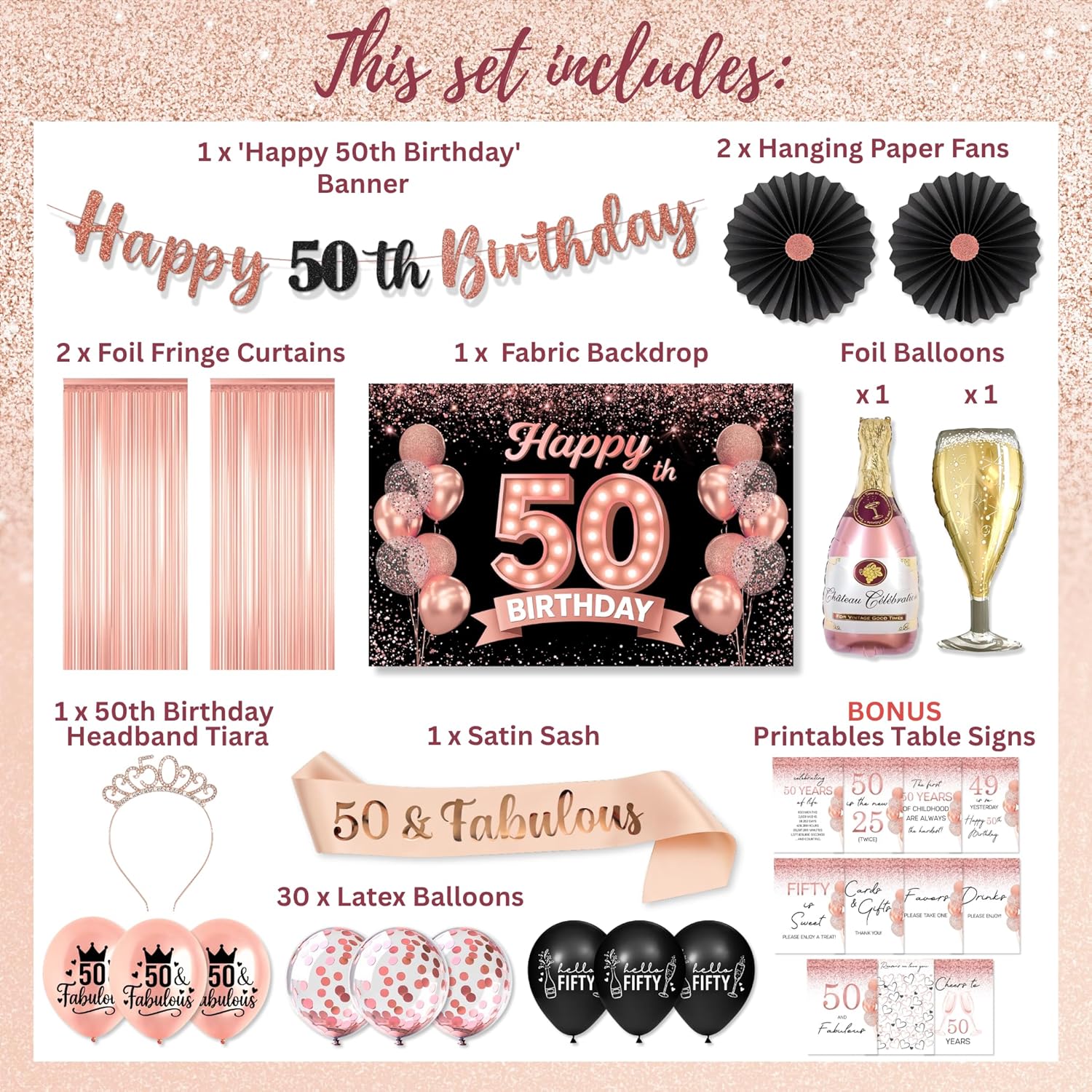 RainMeadow Premium 50th Birthday Decorations for Women 40 pcs - Rose Gold and Black Happy 50th Birthday Banner, Balloons, Tiara, Sash and Party Supplies - Black and Rose Gold Theme - Image 4