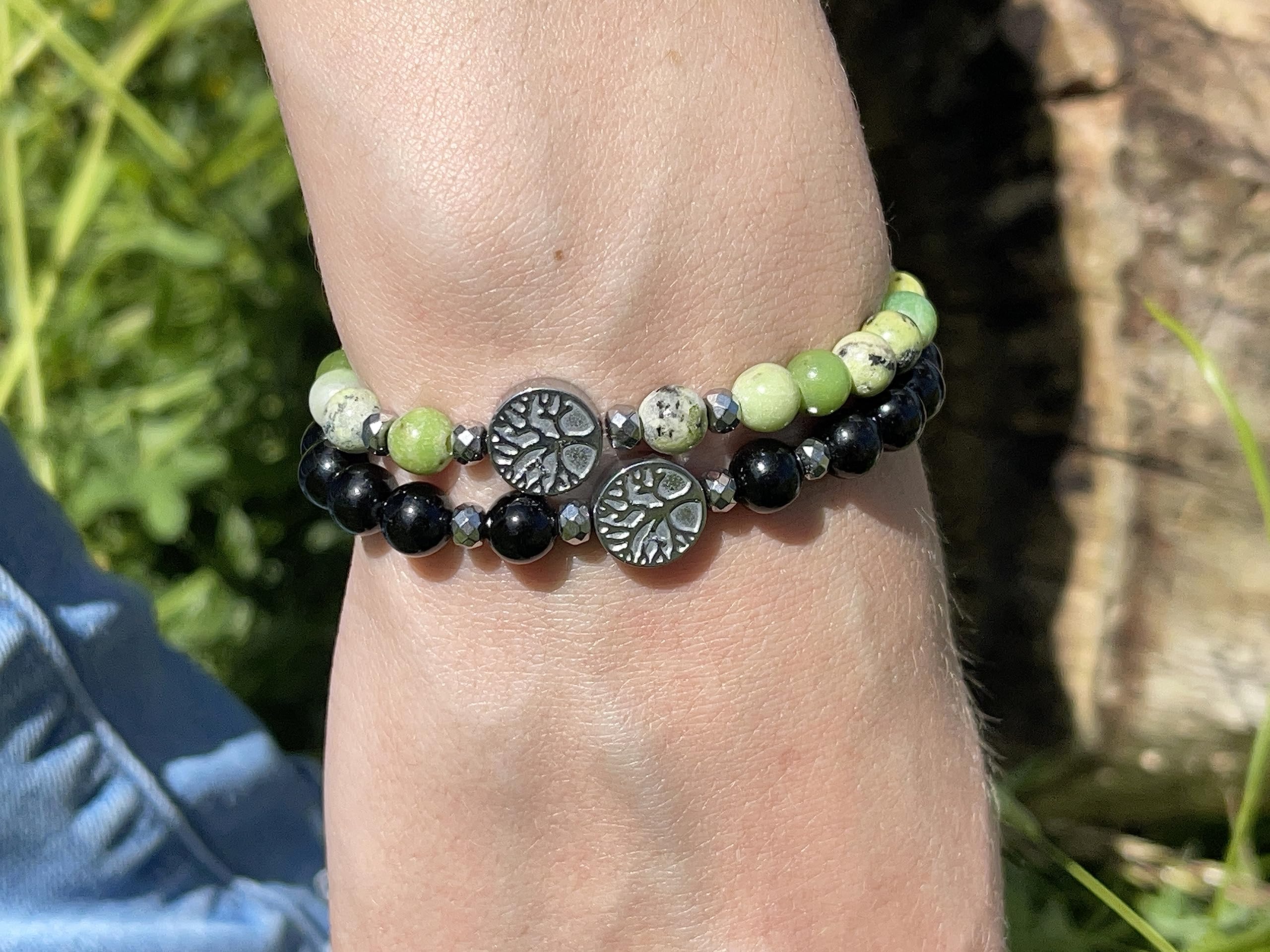 Serpentin Armband Perlen echt 6mm Lebensbaum Hämatit Silber - Handmade Perlenarmband Kreativität Vertrauen Freundschaft - Spiritueller Esoterischer Schmuck Unisex - Personalisierbar