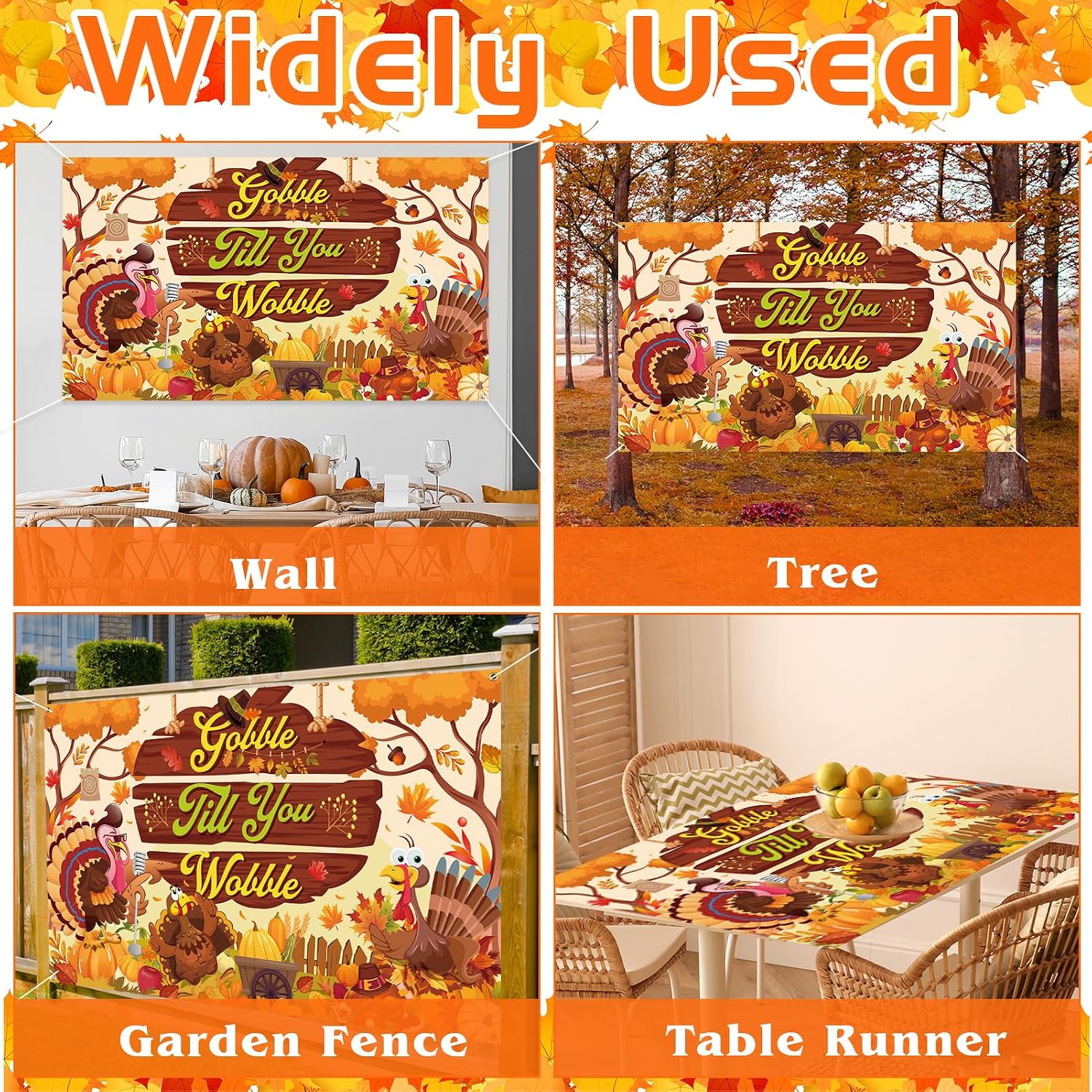 HOWAF Thanksgiving Banner Gobble Till You Wobble Turkey Backdrop Banner, Thanksgiving Day Pumpkin Turkey Maple Leaves Photography Background for Fall Harvest Gobble Theme Party Decorations,72.8×43.3 Inch