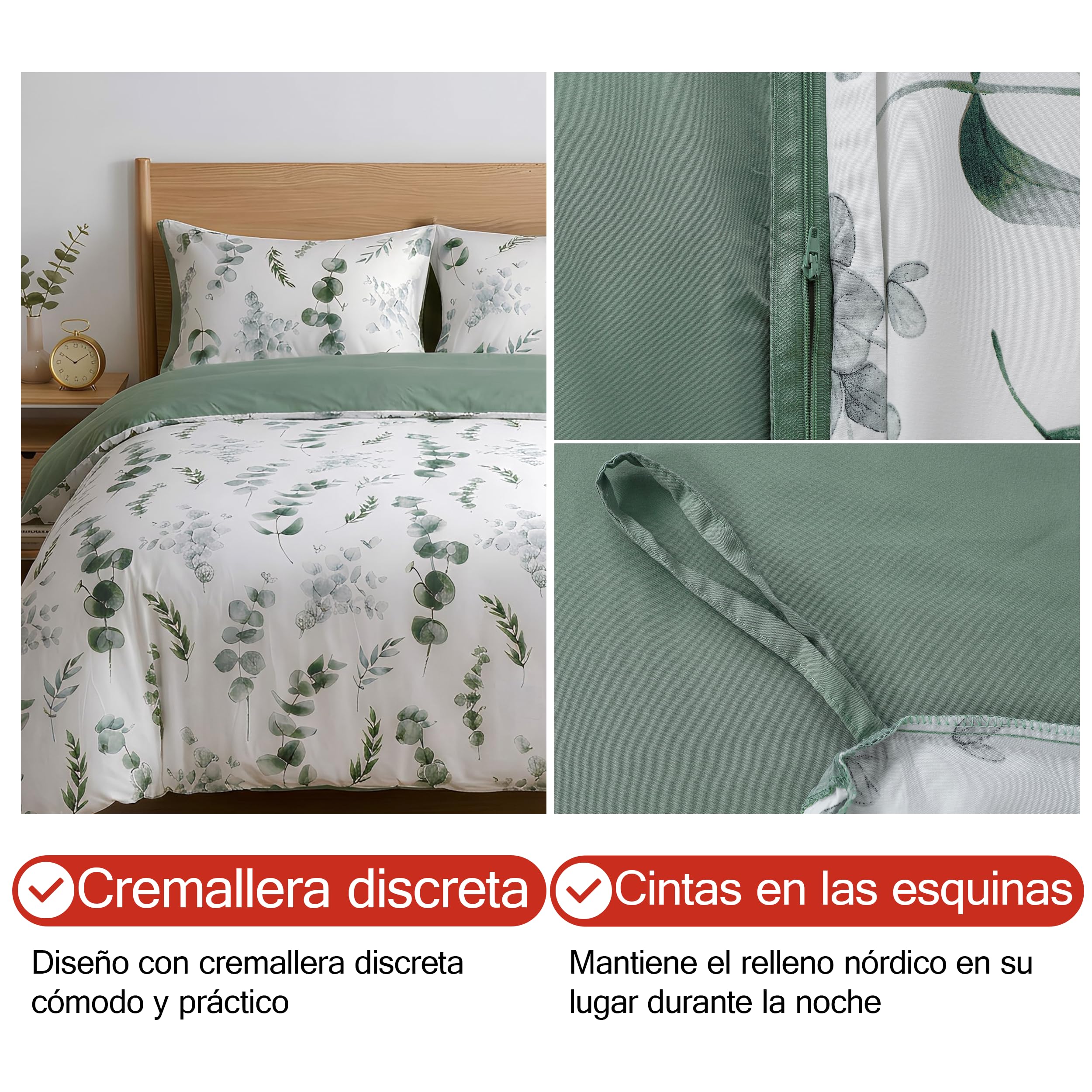 H HANSEL HOME Funda Nórdica Cama 90-2 Piezas - Microfibra Transpirable - Funda Edredón 150x220 cm, Funda de Almohada 50x90 cm - Estampada Eucalipto