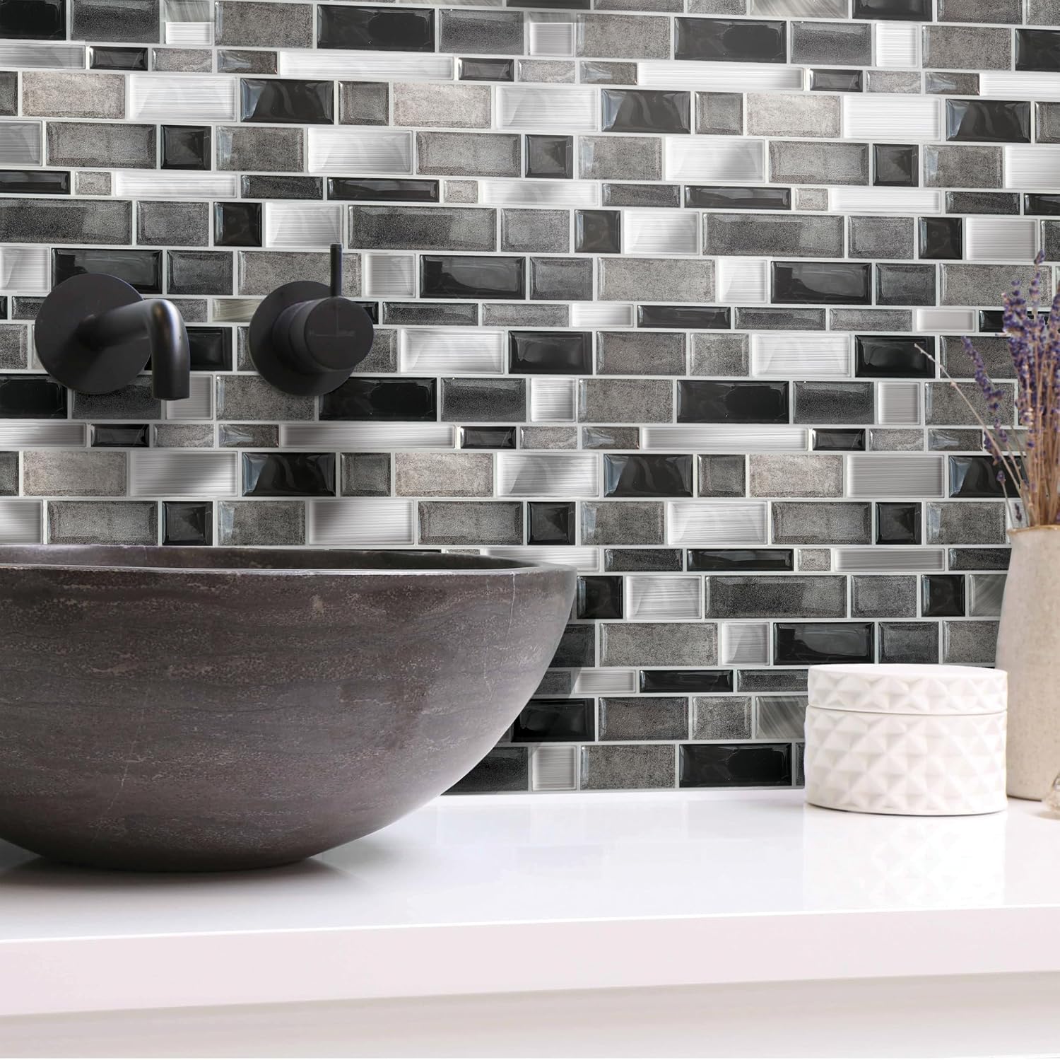 Main Street 8-Sheet of 8"x 8" Peel and Stick Kitchen Backsplash Tiles, Black and Silver Mosaic Design, Self Adhesive Wall Tiles, Renter Friendly, Water Resistant