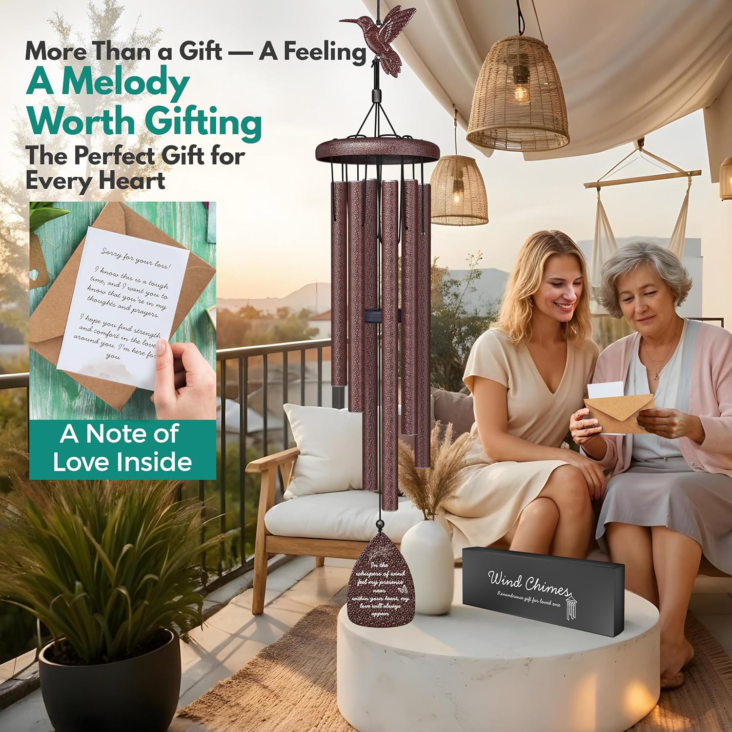 Hummingbird Memorial Wind Chimes for Loss of Loved One - 35" Long Sympathy Wind Chimes for Outside, Bereavement, Remembrance, Funeral Gift for Mother, Dad, Husband, Son & Sister