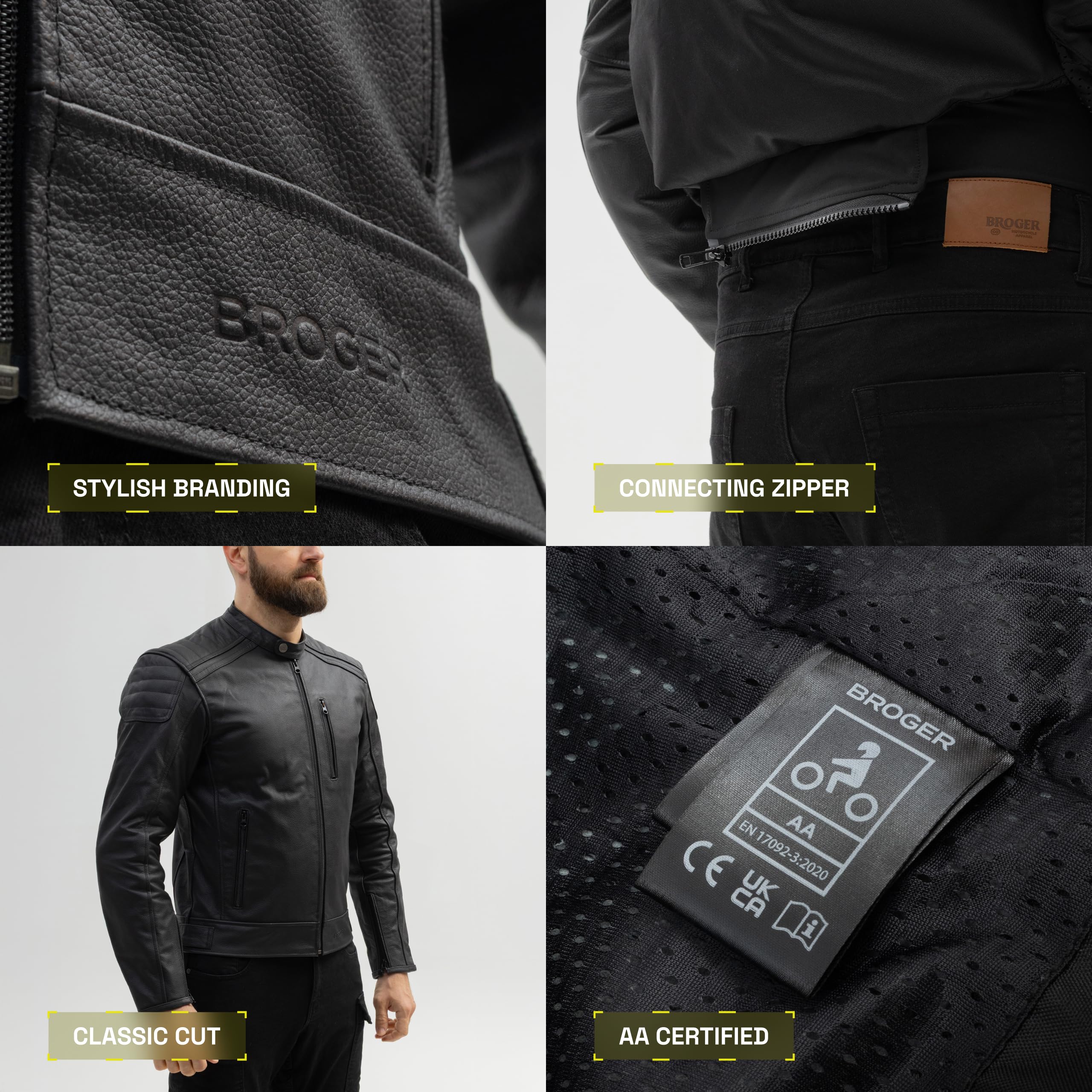 BROGER Legend Chaqueta de moto Hombre | Piel | Protectores de codo y hombro de Nivel 1 | Bolsillo para protector de espalda | Nivel de protección AA | Tallas hasta 10XL