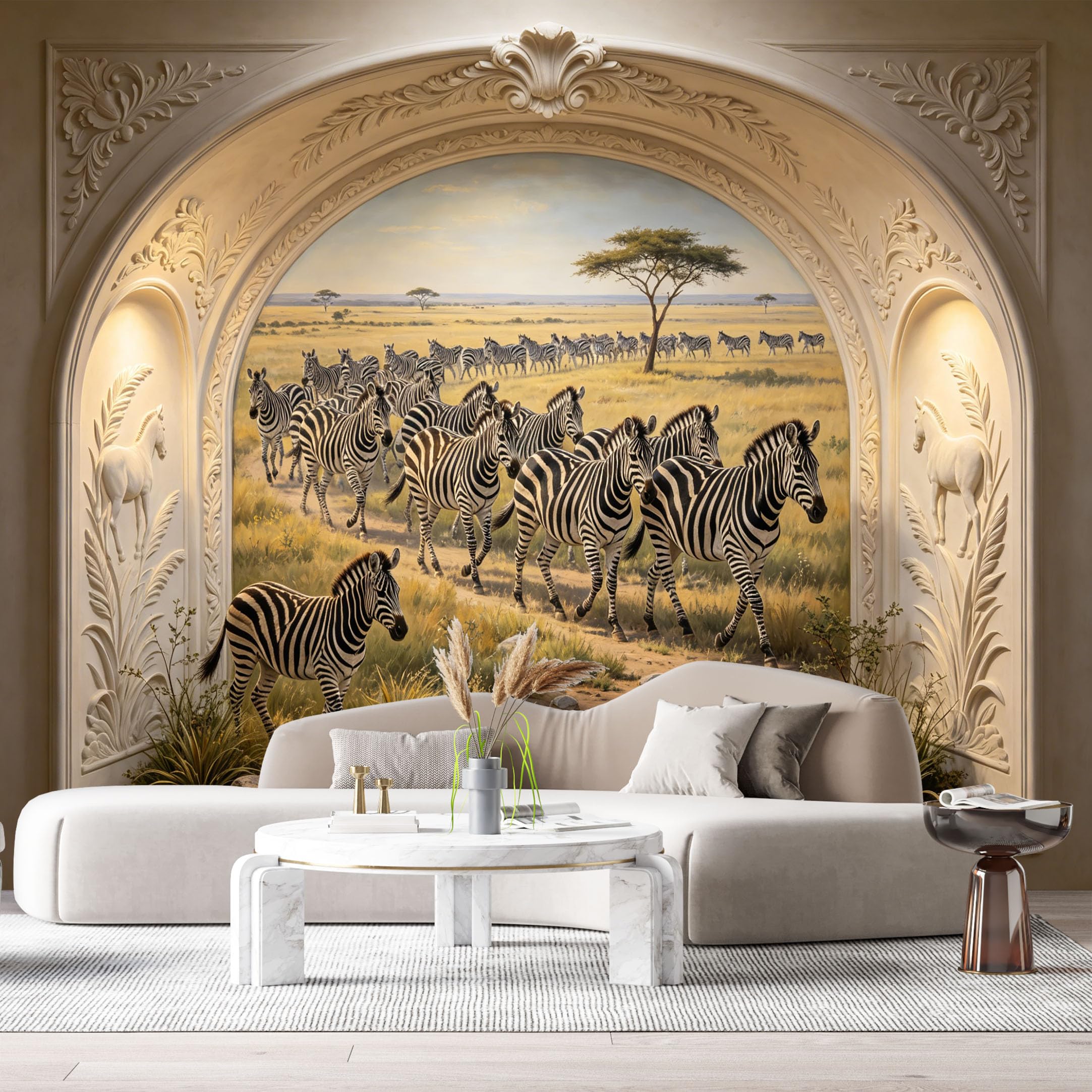 Custom Size Wall Murals Zebra African Savannah Landscape Oil Painting 3D Trompe L'Oeil SelfAdhesiveWall Fabric Removable Wallpaper Wall Decor for Living Room Bedroom Bathroom