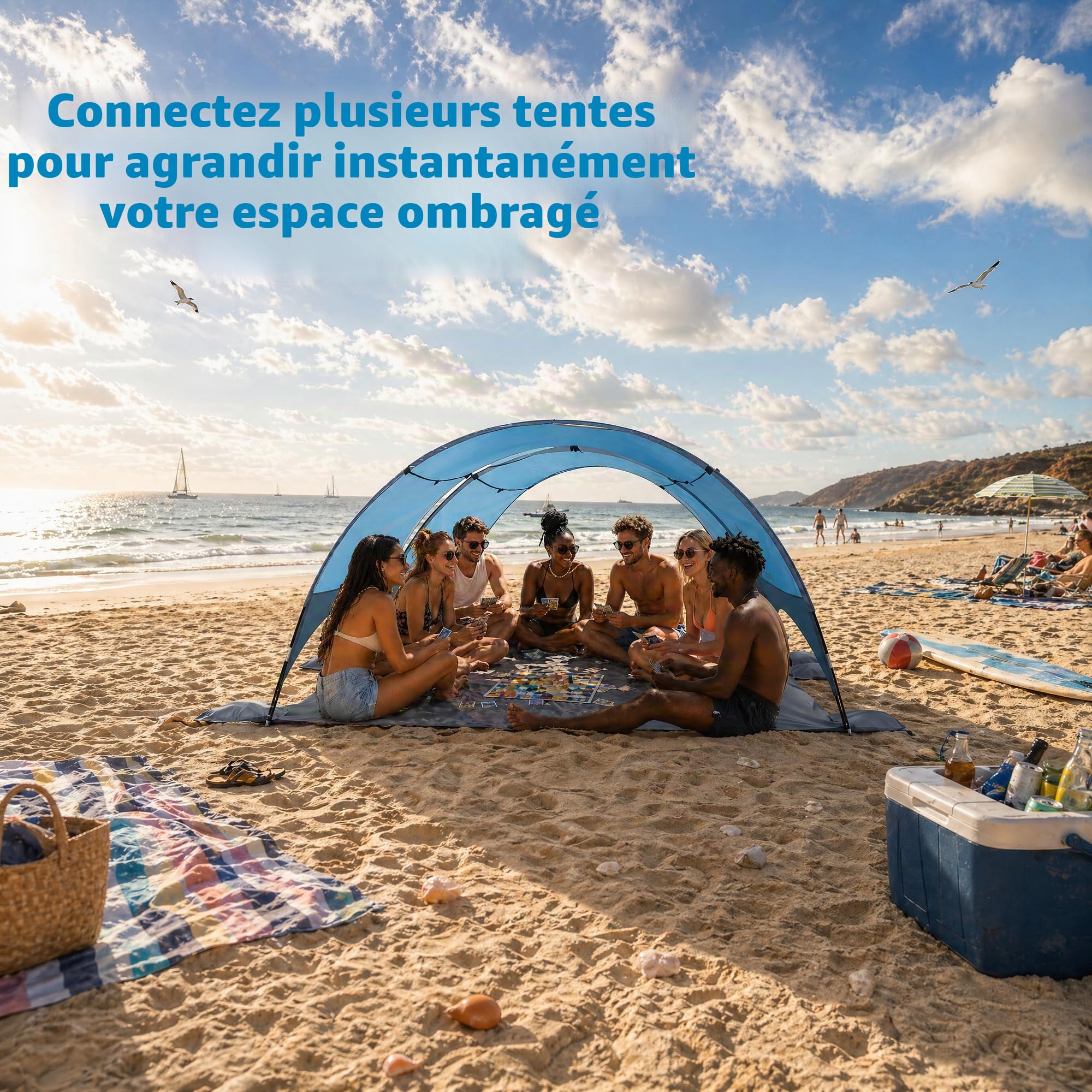 Parasol de Plage amélioré 2026 avec Protection UV UPF 50+ – Auvent de Plage Compact et Portable avec Ventilation à 360°, Cordes à Vent et piquets – Famille, Voyage, arrière-Cour, Parc