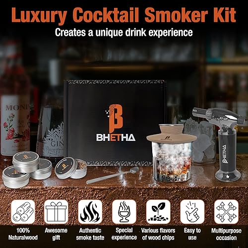Miniatura 2 de BHETHA-Kit de ahumador de cóctel con antorcha, 4 sabrosos sabores de virutas de madera (manzana, nuez, cereza, roble) para bourbon y whisky,