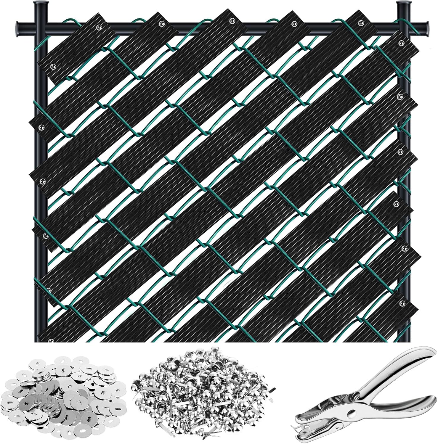 302 Pcs 262. 45 ft Chain Link Fence Slats Button Puncher Fence Privacy Tape Fasteners Covering Privacy for Home Warehouse School Businesses Stadiums(Black)