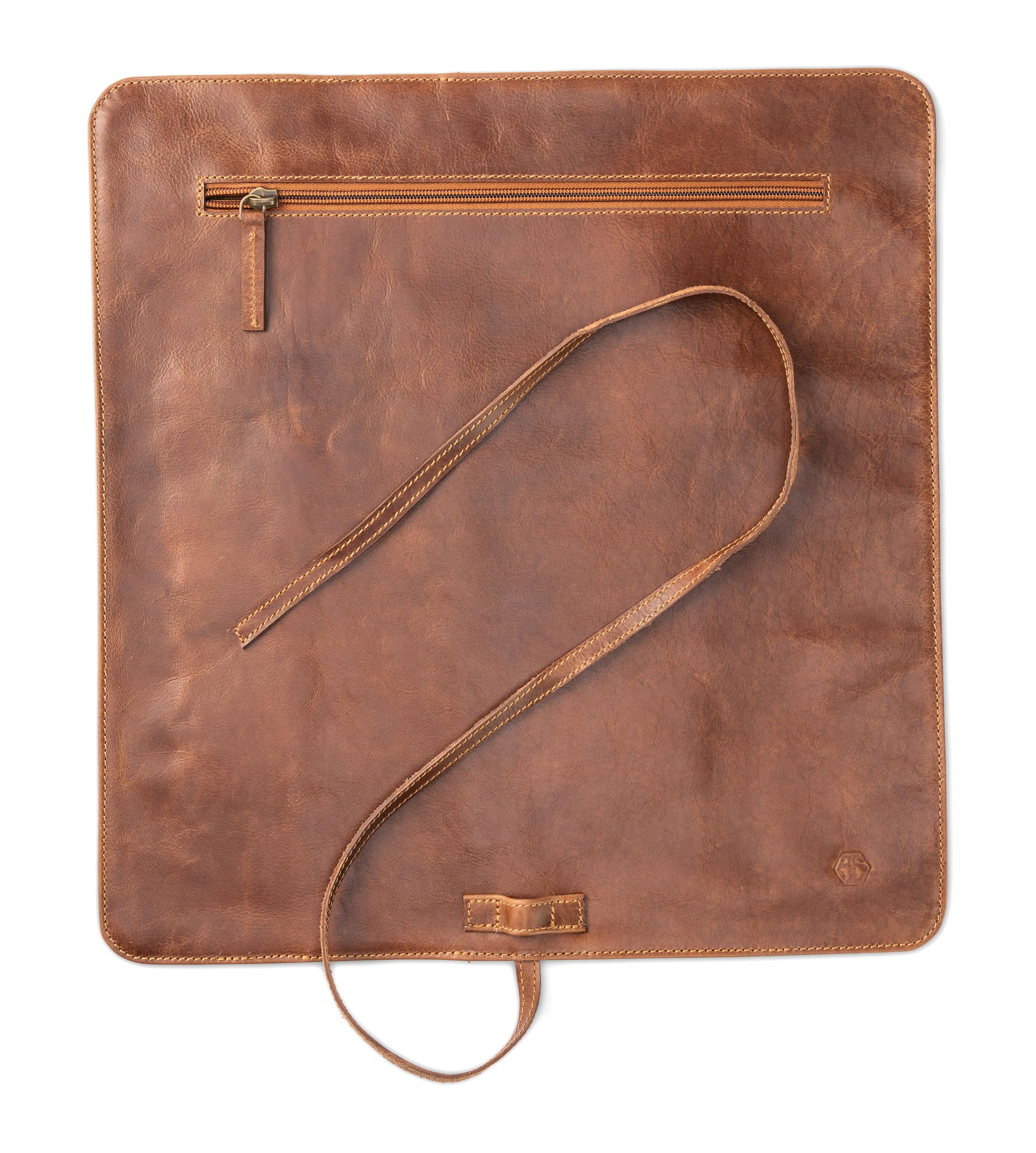 Angus Stoke Mallette à couteaux en cuir pour les cuisiniers | Rouleau de couteaux de cuisine premium grand | Housse de couteaux pour couteaux de cuisine avec compartiment supplémentaire et fermeture