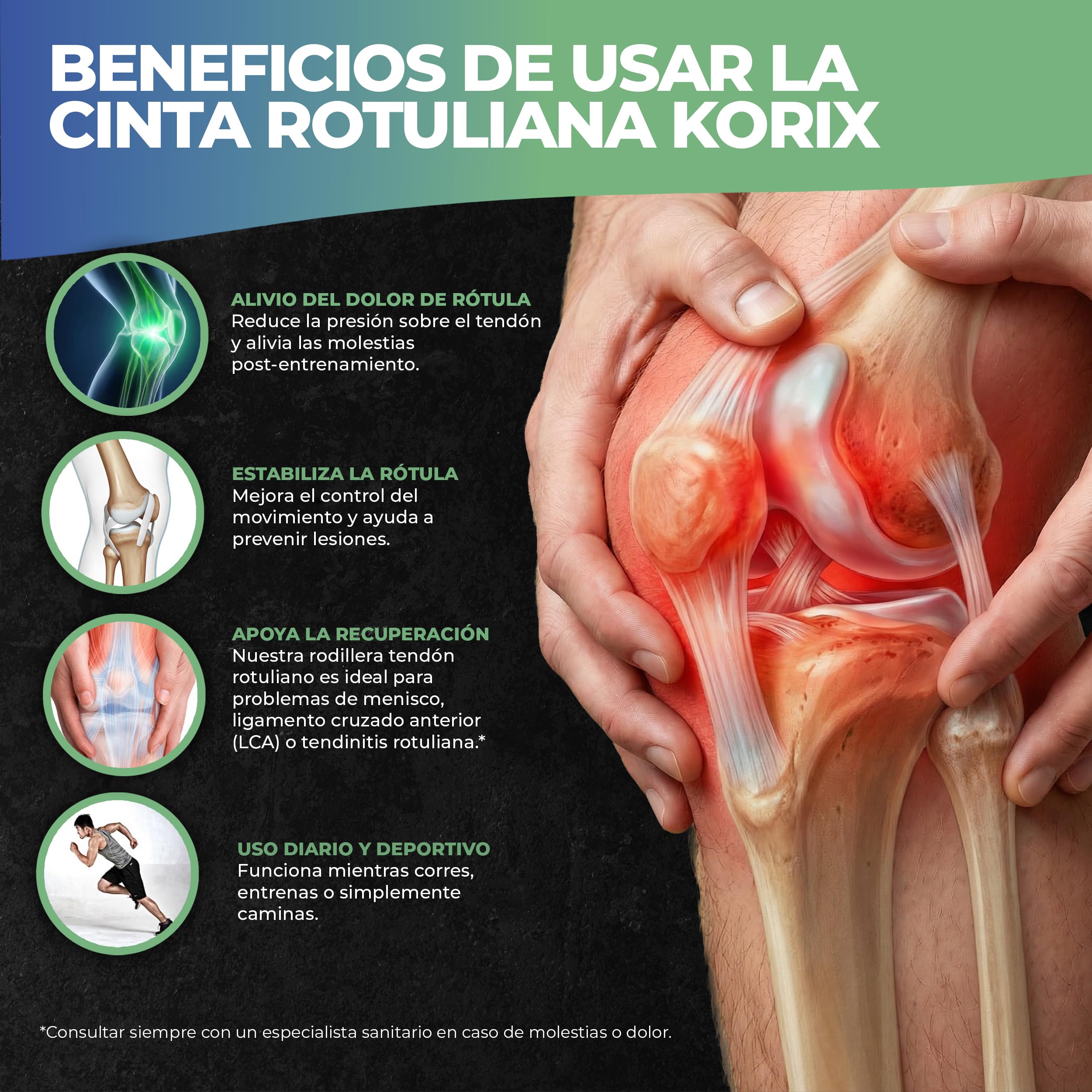 KORIX Pack Premium 2 Rodillera Rotuliana Deportiva Silicona + 2 Bandas Elásticas + 4 Correas Ajustables + Guía Ejercicios + Bolsa | Cinta Rotuliana Estabilizadora | Antideslizante | Última Generación