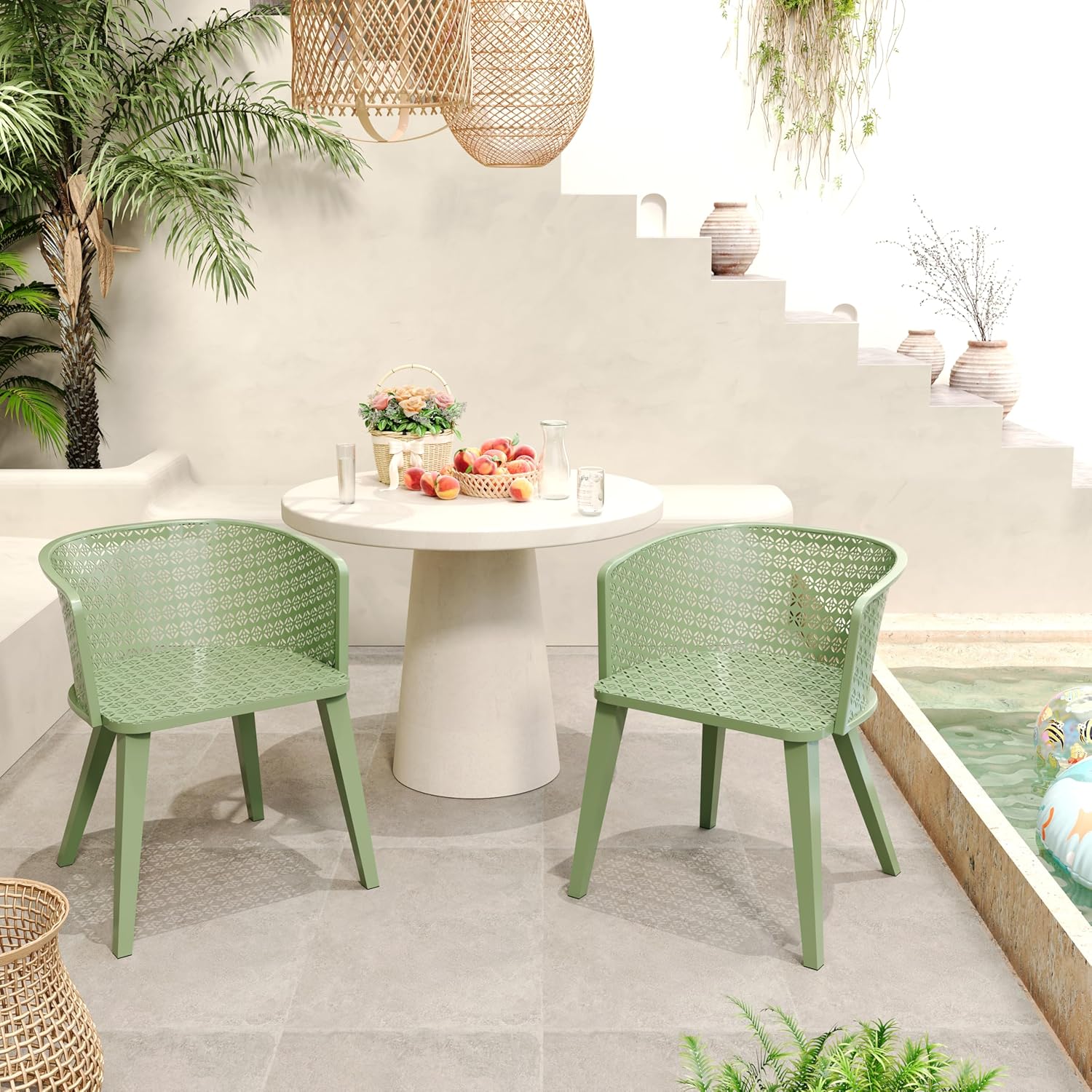 Christopher Knight Home Set of 2 Rivera Patio Iron Dining Chairs, Geometric-Carved Pattern Round Backrest, Armchair for Kitchen, Restaurant, Garden, Balcony, Porch, Backyard, Poolside, Matte Green