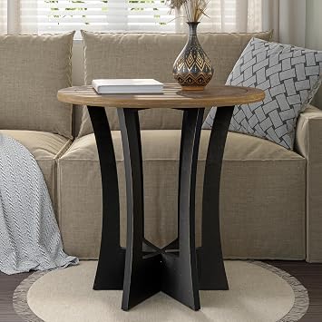 Farmhouse Round End Table with Criss-Cross Wood Legs, Rustic French Country Side Table for Dinning or Living Room, Modern, Black, Natural Wood, 23.62W*23.62D*23.22H