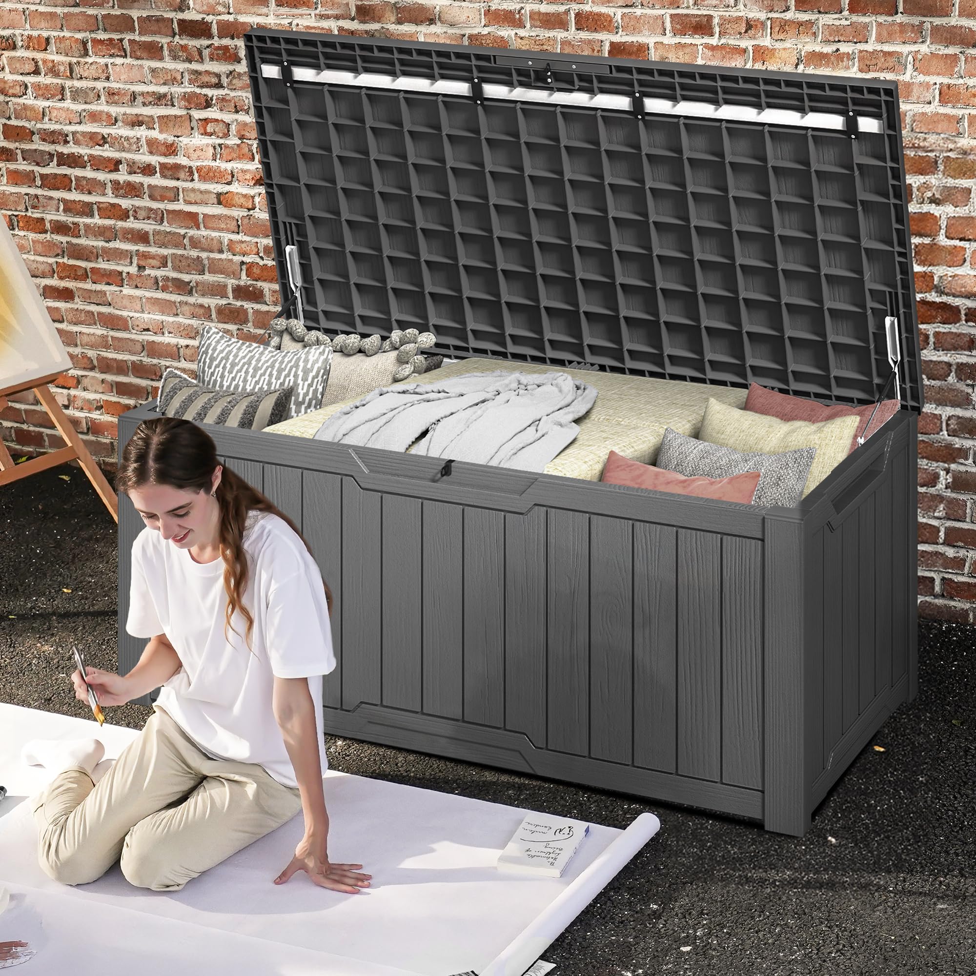 DWVO Gartenbox|450 Liter 142.1x67.6x60cm|Auflagenbox Aufbewahrungsbox Garten Kissenbox Outdoor Gartentruhe |Wasserdicht Gasdruckfeder|Für Sitzauflagen Gartengeräte & Kinderspielzeug|Dunkelgrau