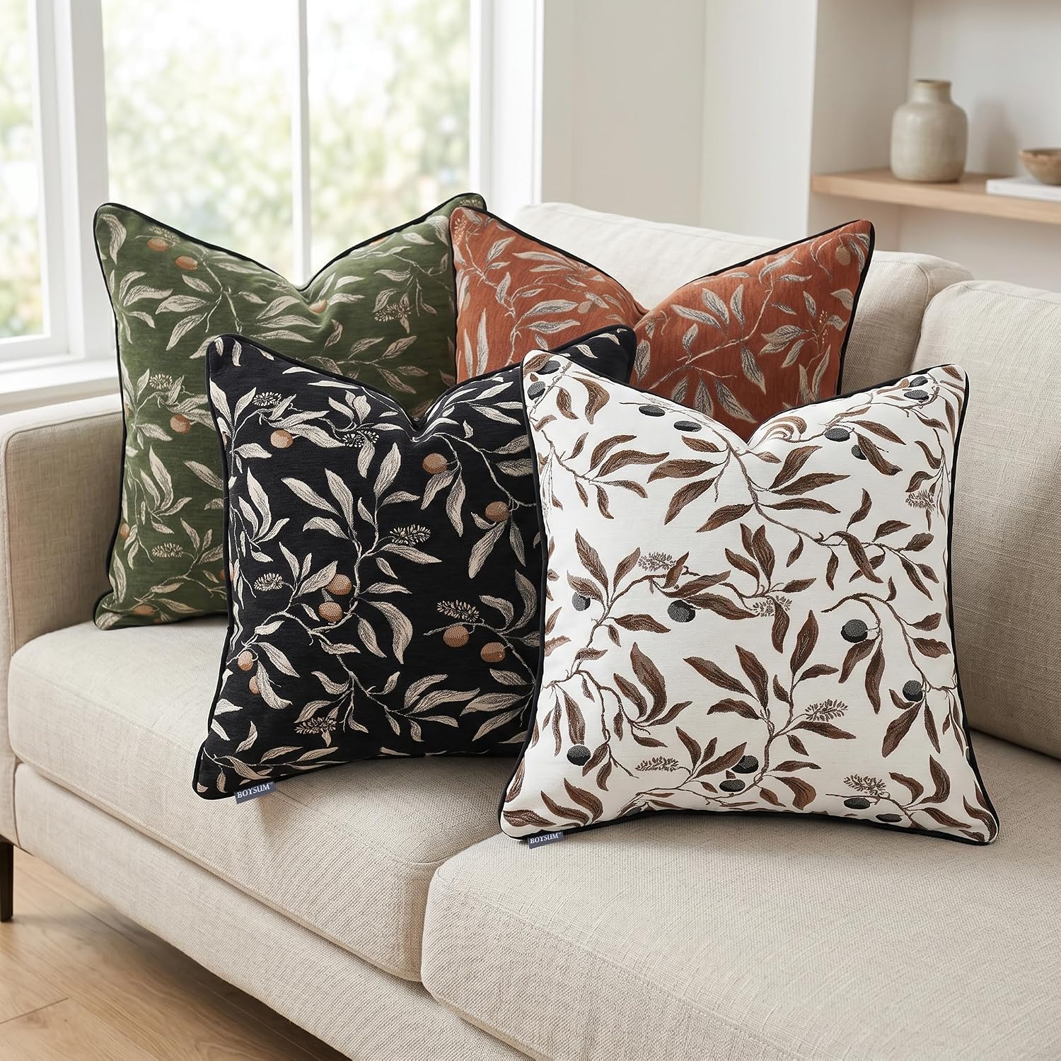 Black Vintage Floral Pillow Covers 18x18 Inch Set of 2, Cotton Plant Throw Pillow Decorative Cover Square Farmhouse Decorative Pillow Cover for Couch Living Room Bedroom
