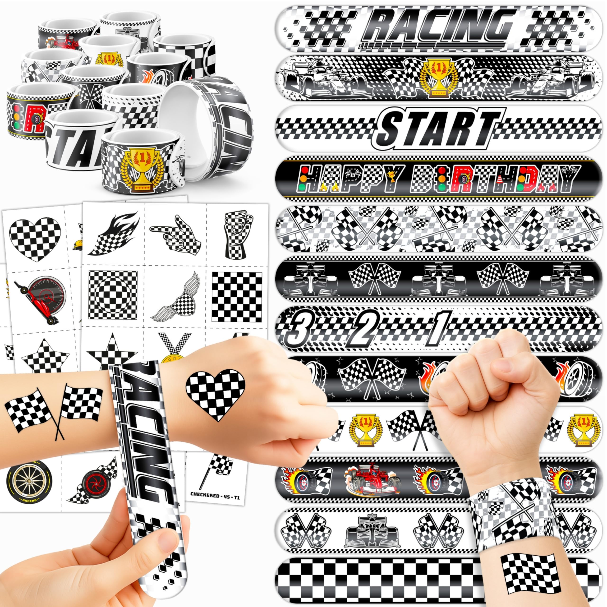 72PCS Checkered Flag Party Set - 48PCS Temporary Tattoos & 24PCS Slap Bracelets - Racing-Themed Birthday Supplies, Baby Shower Gifts, Classroom