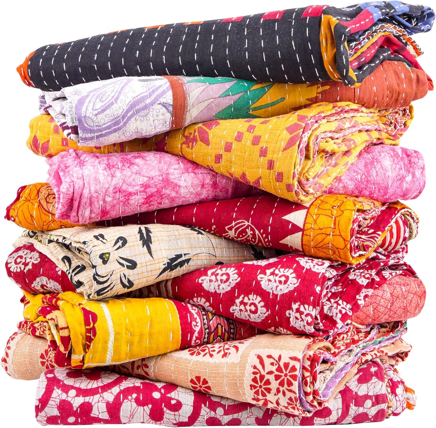 Indian Vintage Handmade Kantha Quilt, Bohemian Hippie Home Decor Kantha Bedding Saree Made Twin 85X55 Inches Gudri Ralli Dorm Decor Quilt Throw 10 Pc Lot