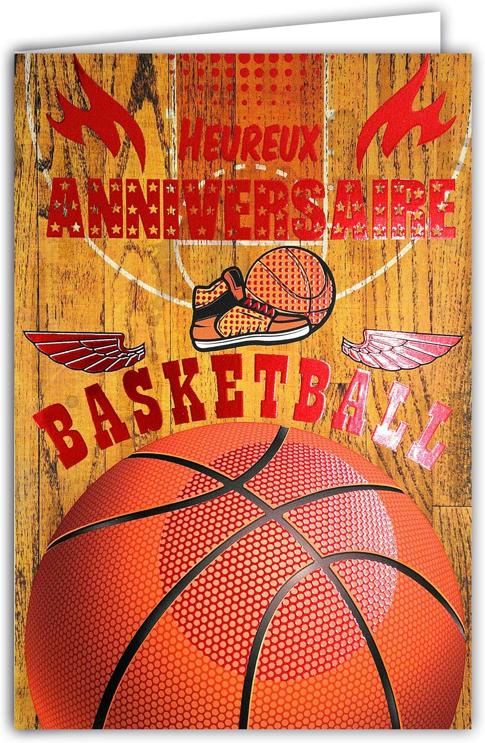 67-1223 Glossy Red Basketball Birthday Card with Envelope - Closed Size 115 x 170 mm - Made in France, Sporty, Champion, Basket, Player, Team