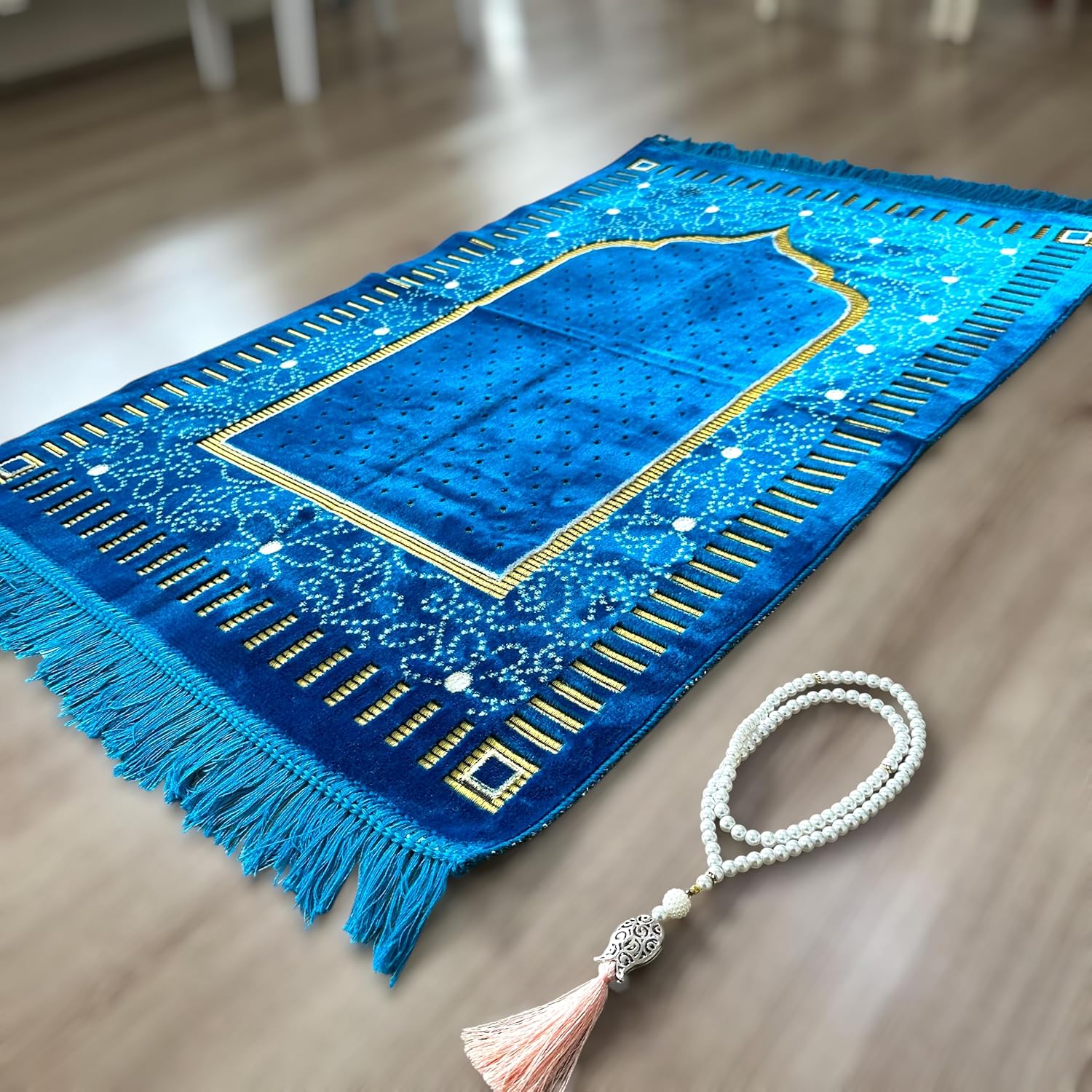 Gardeniahome Turquoise Islamic Prayer Rug Gift Set – Soft Silk Feel Sajadah with Tasbeeh & Carry Bag – Luxury Turkish Janamaz, Portable & Travel Friendly