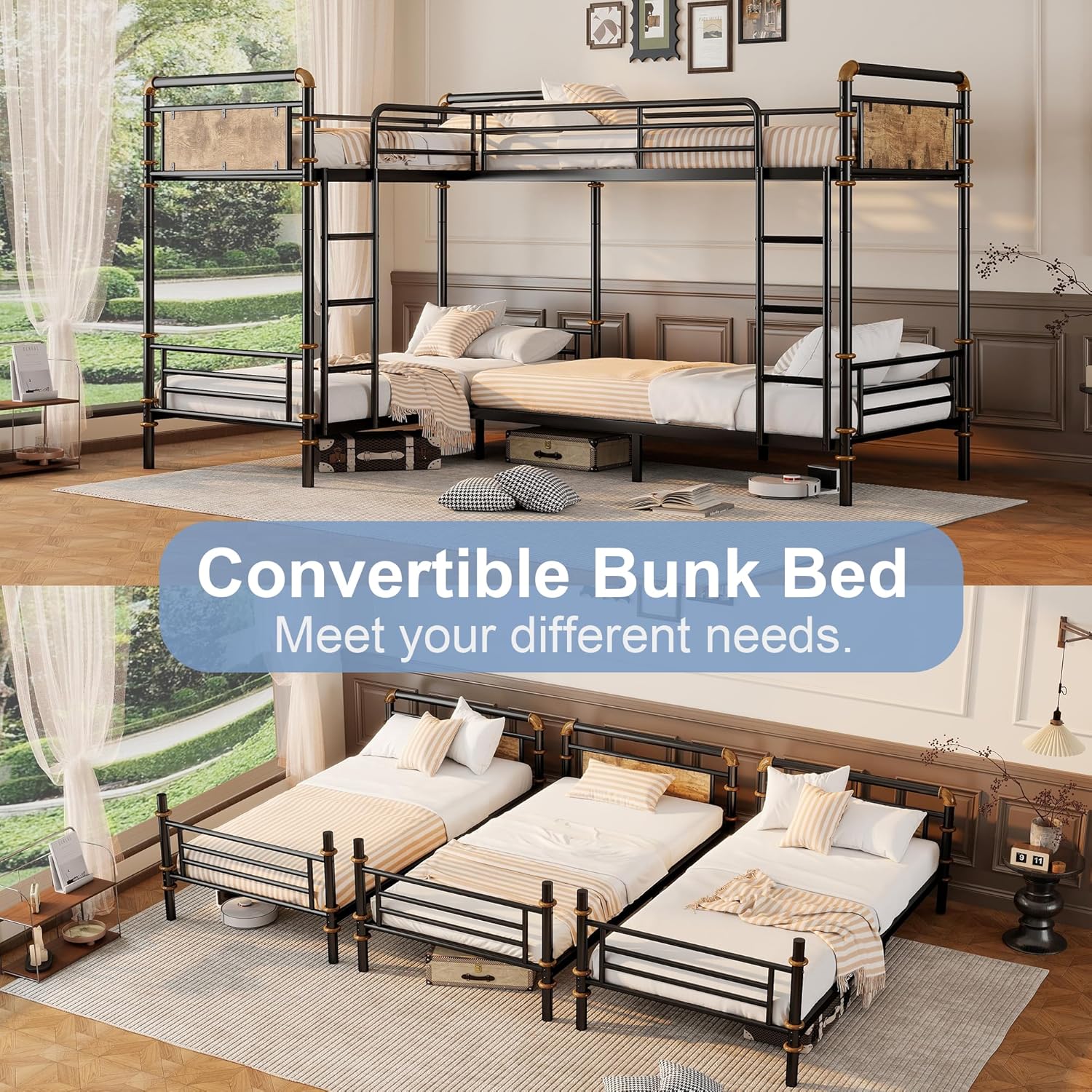 Quad Bunk Bed, Heavy Duty Metal 4 Bunk Beds for Kids with Ladders, Detachable Industrial L-Shaped Bunk Beds, Space Saving Design,Can Be Divided Into 3 Twin Beds, Black