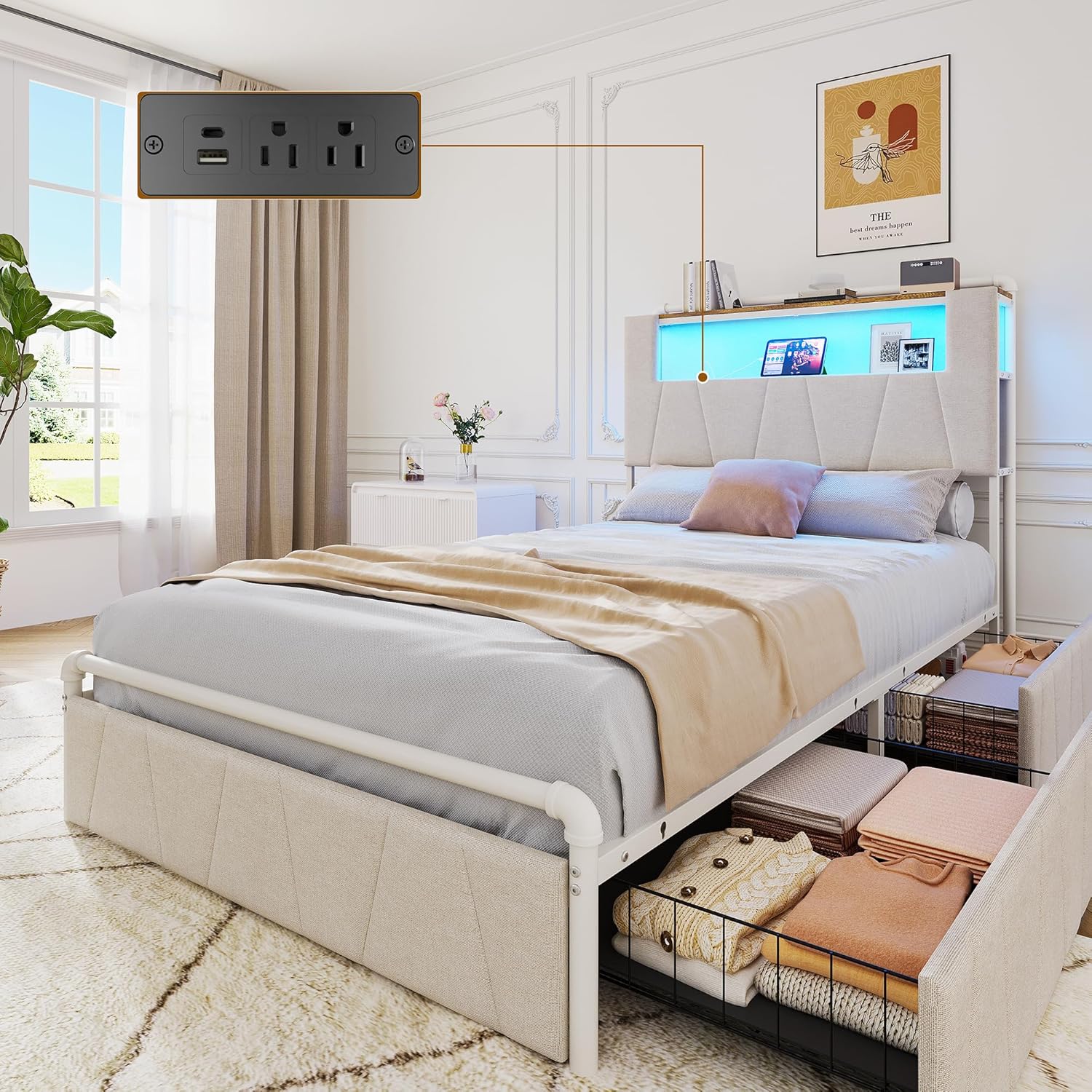 Twin Bed Frame with Storage Drawers, Upholstered Headboard with Charging Station & LED Lights, Metal Platform Bed Frame Twin Size, Noise Free, No Box Spring Needed, Easy Assembly, Beige