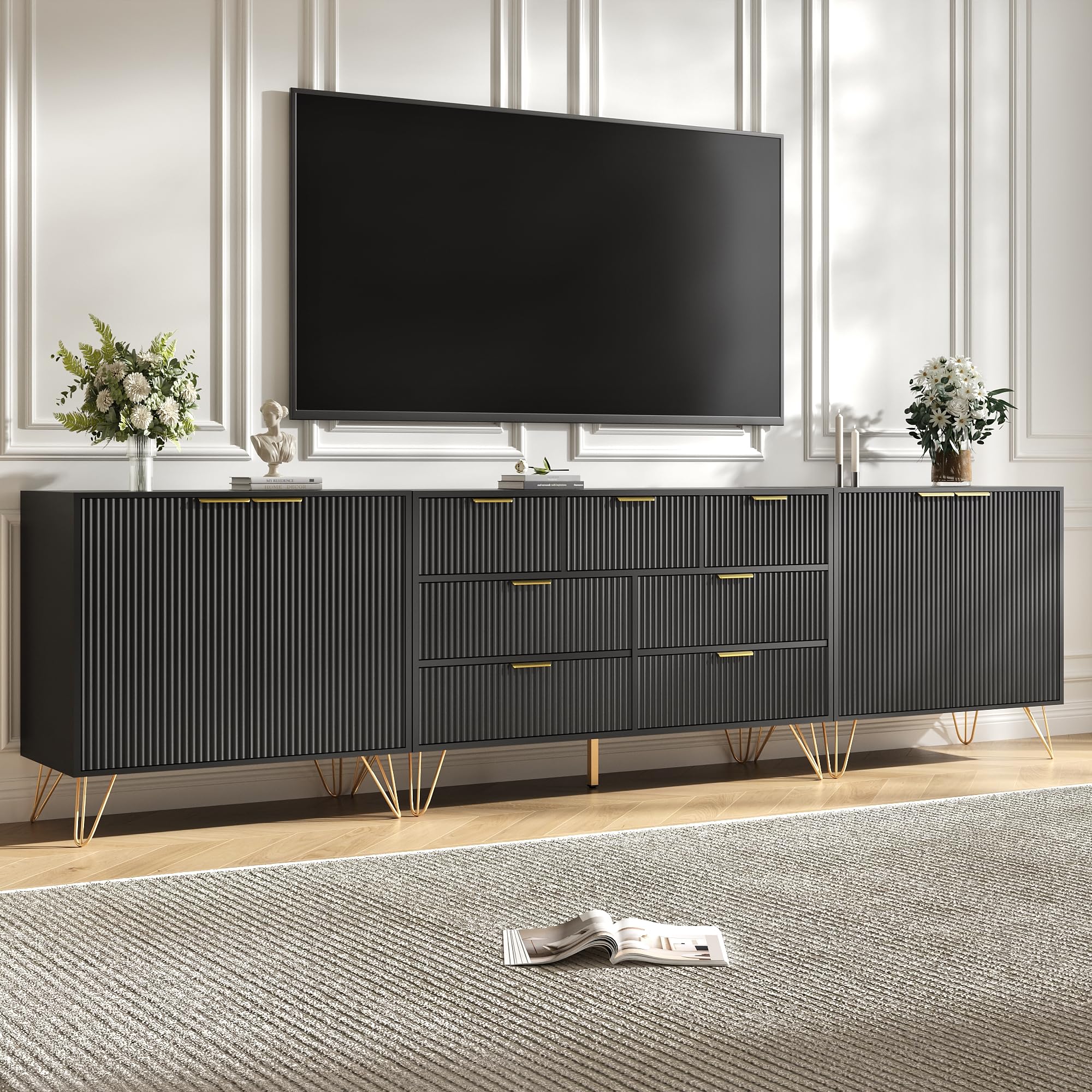 BAZELOR Fluted TV Stand for TVs up to 100 Inch, 110” Entertainment Center with Storage and Adjustable Shelves, Modern Media Console with Golden