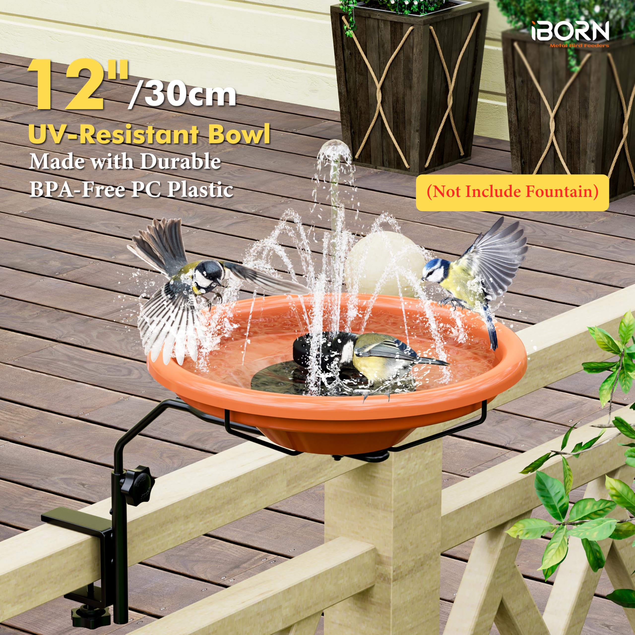 iBorn Bird Bath for Outside,Deck Mounted Bird Bath 12in，Birds Baths for Outdoors with Adjustable Clamp 3.2in，BPA-Free Bowl，360&deg;Swivel & Adjustable Height Bracket，Detachable Birds Baths, Pack of 1 - image 7