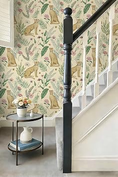 Safiyya Peel and Stick Wallpaper Leopard Cheetah Contact Paper Removable Self Adhesive Jungle Animal Wallpaper Beige Floral Wall Paper Decor for Bathroom Bedroom Vinyl 17.3 x 78.7