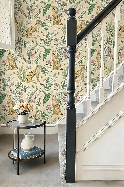 Safiyya Peel and Stick Wallpaper Leopard Cheetah Contact Paper Removable Self Adhesive Jungle Animal Wallpaper Beige Floral Wall Paper Decor for Bathroom Bedroom Vinyl 17.3 x 78.7