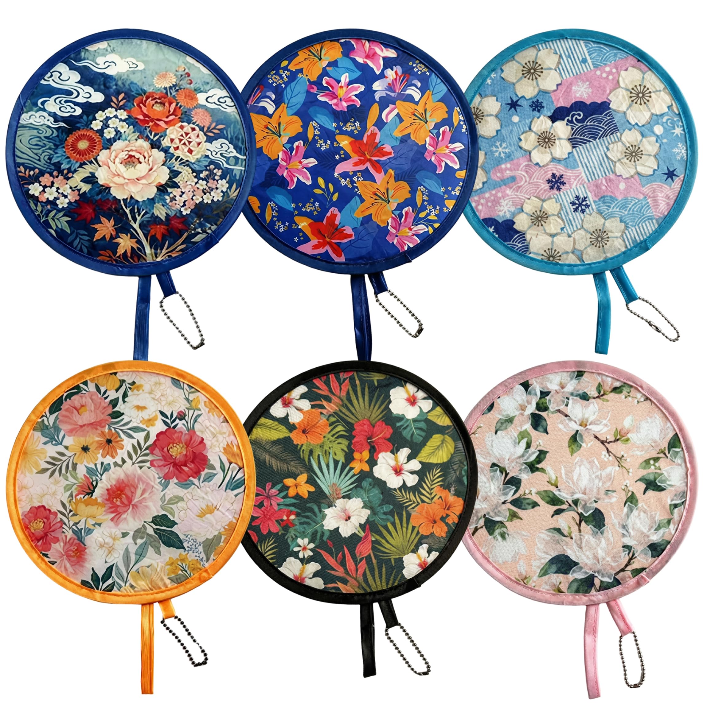 6-teiliges faltbares Handfächer-Set mit Blumenmuster, faltbarer Handfächer im Vintage-Flying-Disc-Design, tragbare runde Fächer für Sommerreisen, Hochzeiten, Partys