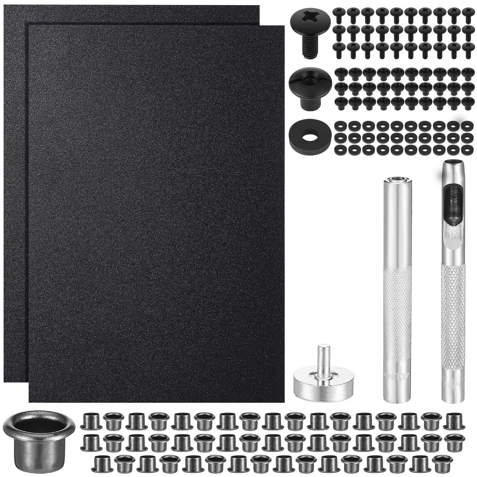Lanties 145 Pcs DIY Holster Kit Include Eyelet Hand Setter & Eyelet Combo Thermoform Sheet Cross Recessed Screw Head Open Slotted Fastener Rubber Washer for Making Knife Sheath Keel(Black)