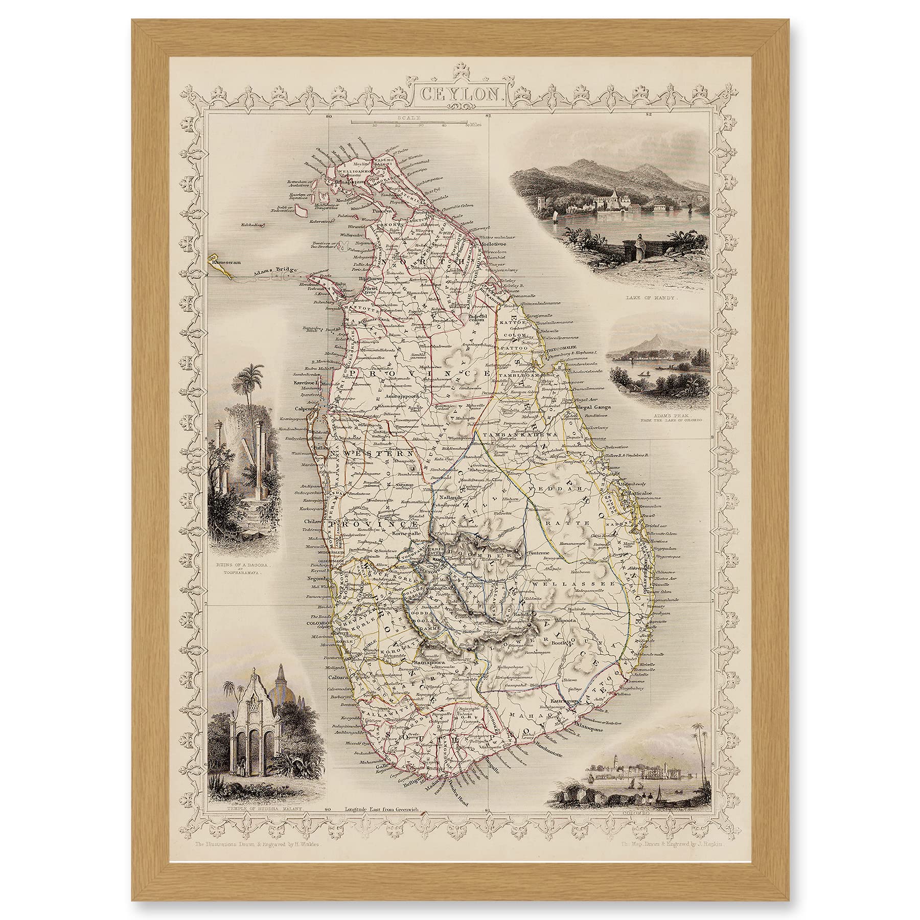 Wee Blue Coo Ceylon Sri Lanka Vintage Pictorial Map Artwork Framed Wall Art Print A4
