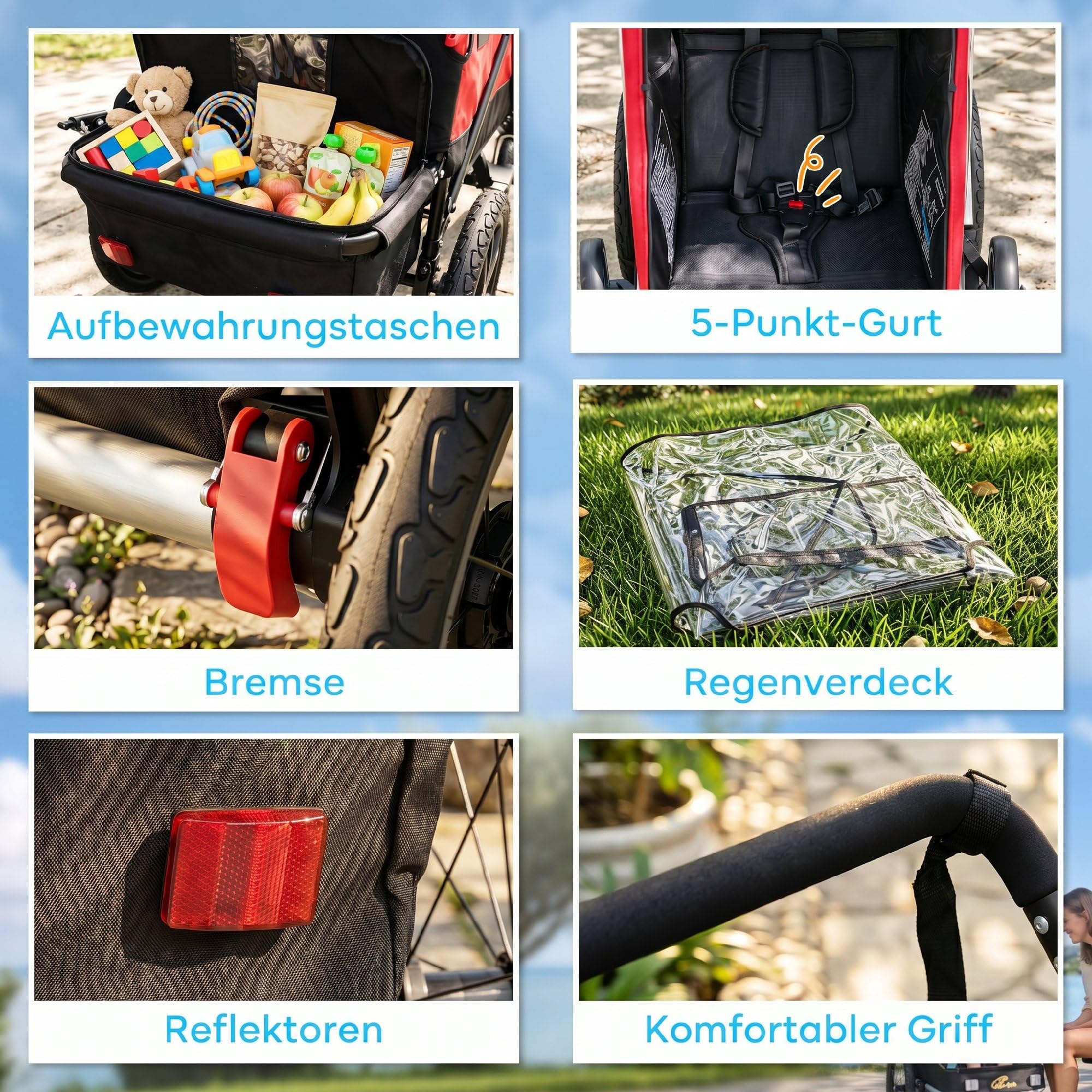 AIYAPLAY Rimorchio per bicicletta e passeggino 2 in 1, 2 posti, pieghevole, con cintura a 5 punti, bandiera di sicurezza, per bambini a partire dai 12 mesi, massimo 18 kg