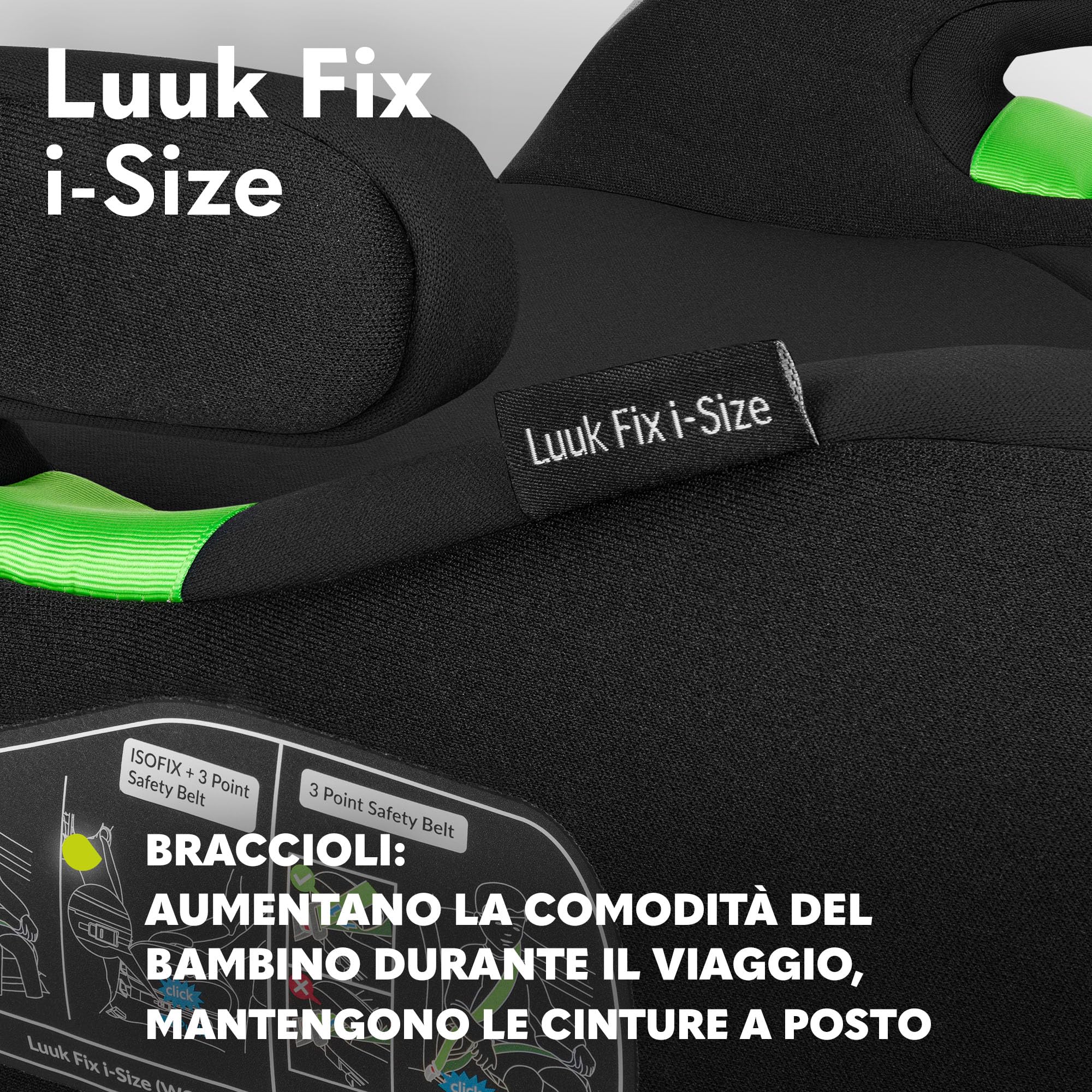 Lionelo LUUK FIX Seggiolino rialzo auto per bambini 22-36kg 125-150cm con ISOFIX e l'ultimissimo i-Size Standard R129, Rivestimento traspirante e lavabile, Schiuma adattiva, Car Booster con Braccioli